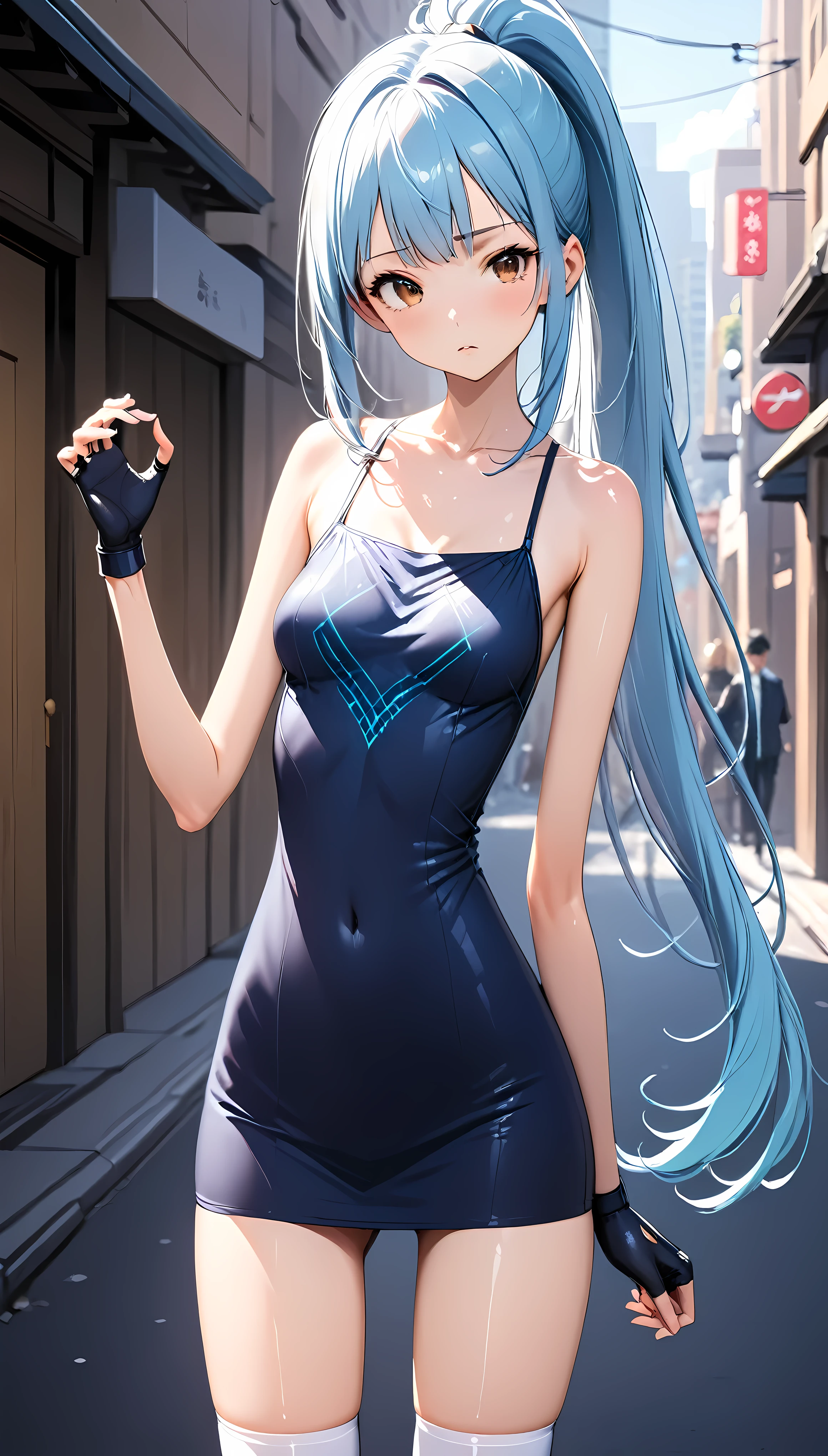 ((masterpiece,Best Quality:1.3,best quality illustrations)),cowboy shot,1woman,adult,(ponytail),straight long hair,light_blue hair,(very small head:1.2),bangs,gorgeous eyes,brown eyes,blush,(very long body:1.1),small breasts,( dark blue tank mini dress ,white_thighhighs),navy blue fingerless gloves,slender body,toned body,shiny skin,(With a glowing sword、 holding the sword pattern correctly:1.2、Accurately drawn hands:1.2),Fighting posture with a sword 、on street,Shinjuku、Tokyo、