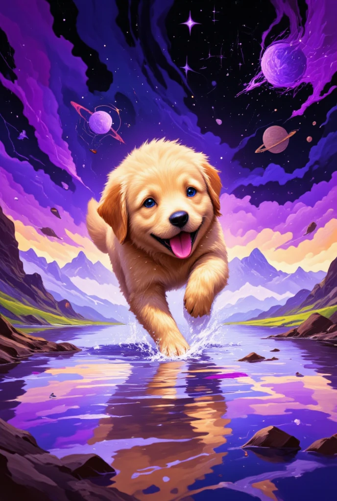 a small golden retriever puppy running on a reflective lake surface, rippling water, colorful space background filled with swirling purple nebulae and distant planets, 8k, hyper realistic, detailed, masterpiece, vibrant colors, dramatic lighting, cinematic, photorealistic, award winning art,DB4RZ style painting,