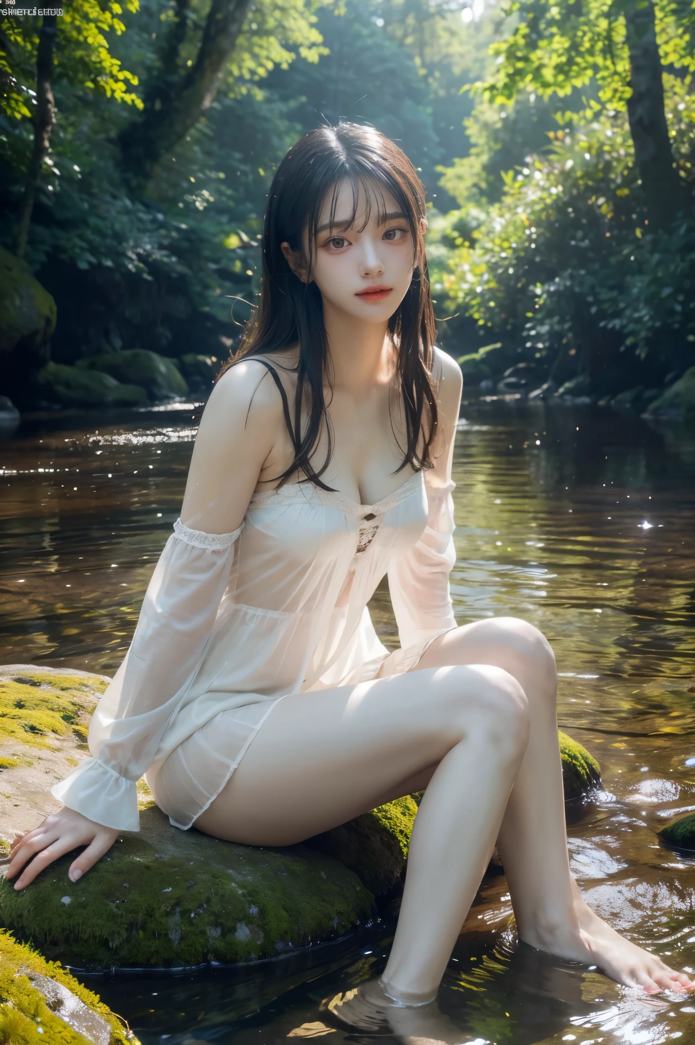 black hair, (full body), wearing medieval long cotton nightie clothes, sitting on a rock, feet in the water, Drenched hair, The background is a forest, sunset, (masterpiece, best quality, award winning, highres), skinny, intricate and beautiful design, highly detailed beautiful face, super detailed beautiful eyes, light smile, sitting near stream, forest, leaves flow, windy, sun lights through forest, fantasy art, dynamic lighting, cinematic lighting, hyper realistic, extremely CG detail, octane render, (artistic + masterpiece:1.4), (incredibly detailed eyes), (8k, Photorealistic, Photo RAW, Best quality: 1.4), (UHD), (Ultra high realism), (Ultra high definition), (Ultra high detail), (Realistic face), Beautiful hairstyle, Realistic bright amber eyes, Beautiful details, (Realistic skin), Pale, smooth and luminous skin with iridescent shine and no imperfections, Ultra high definition, Ultra realistic, Highly detailed, (Cleavage: 0.8)