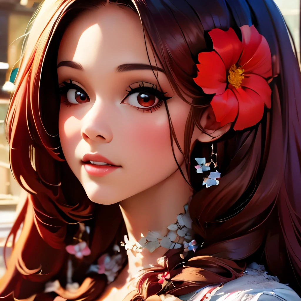 a close up of a woman with long red hair and a flowered dress, realistic artstyle, realism artstyle, 🌺 cgsociety, photorealistic artstyle, photorealistic disney, fanart, in the art style of bowater, hyperrealistic teen, photorealistic anime girl render, realism art, realistic hair, realistic art style, beautiful digital artwork, 🤤 girl portrait