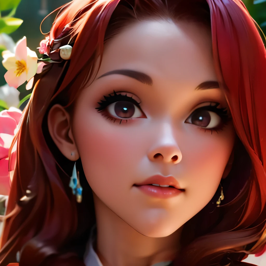 a close up of a woman with long red hair and a flowered dress, realistic artstyle, realism artstyle, 🌺 cgsociety, photorealistic artstyle, photorealistic disney, fanart, in the art style of bowater, hyperrealistic teen, photorealistic anime girl render, realism art, realistic hair, realistic art style, beautiful digital artwork, 🤤 girl portrait