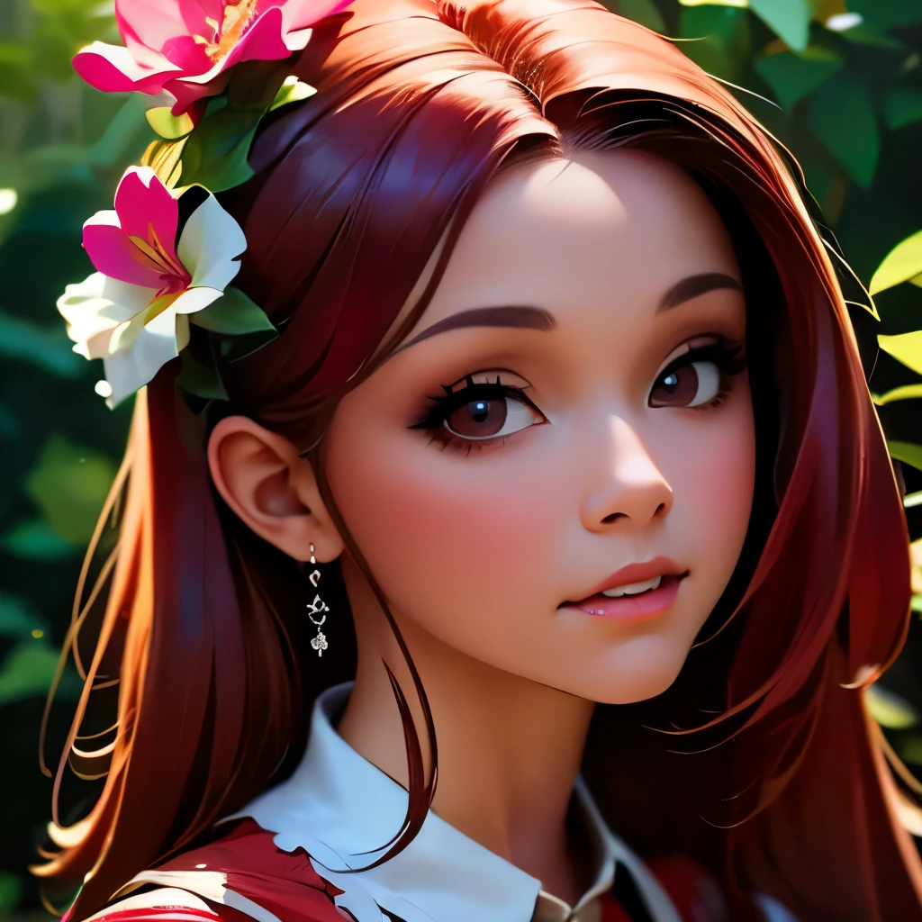 a close up of a woman with long red hair and a flowered dress, realistic artstyle, realism artstyle, 🌺 cgsociety, photorealistic artstyle, photorealistic disney, fanart, in the art style of bowater, hyperrealistic teen, photorealistic anime girl render, realism art, realistic hair, realistic art style, beautiful digital artwork, 🤤 girl portrait