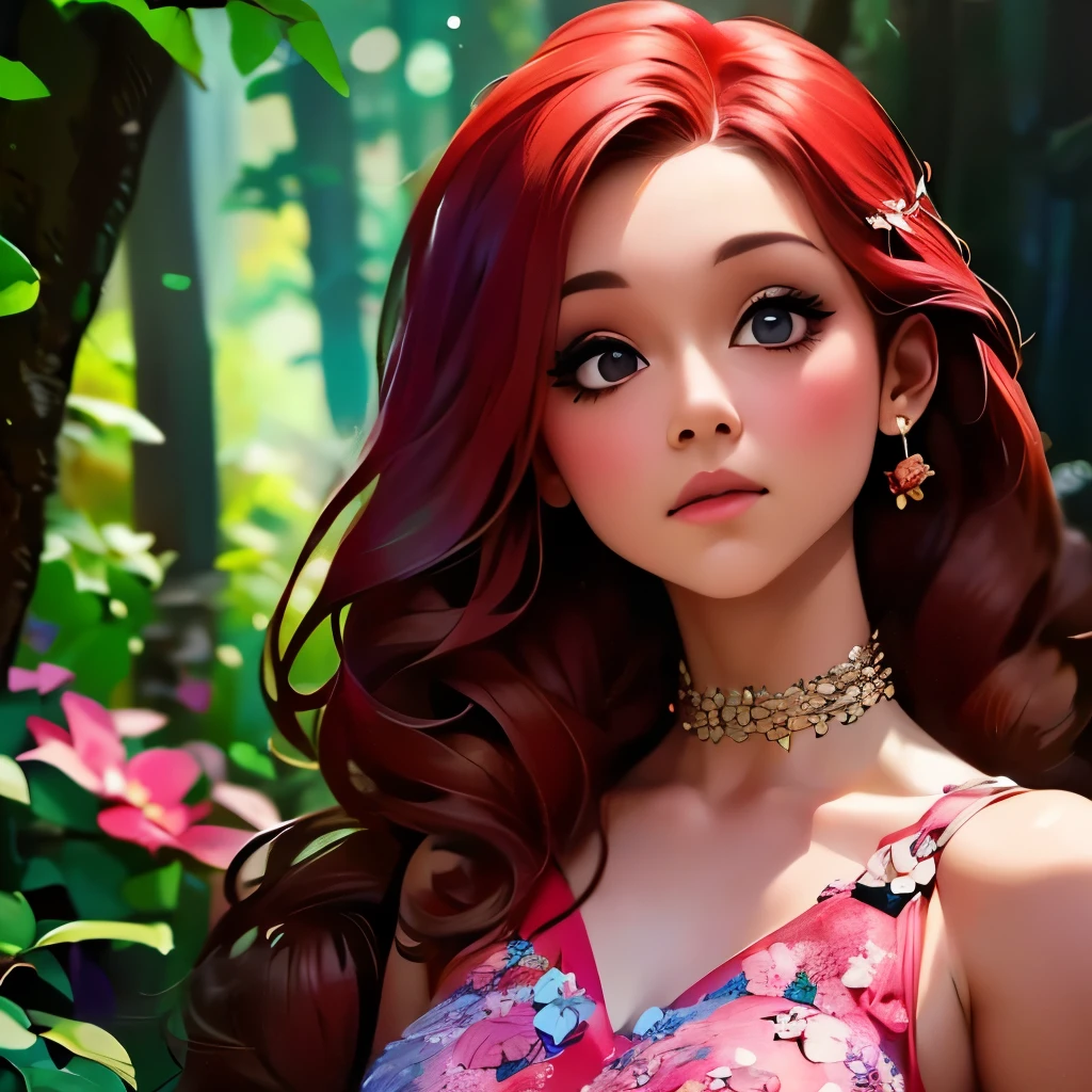 a close up of a woman with long red hair and a flowered dress, realistic artstyle, realism artstyle, 🌺 cgsociety, photorealistic artstyle, photorealistic disney, fanart, in the art style of bowater, hyperrealistic teen, photorealistic anime girl render, realism art, realistic hair, realistic art style, beautiful digital artwork, 🤤 girl portrait