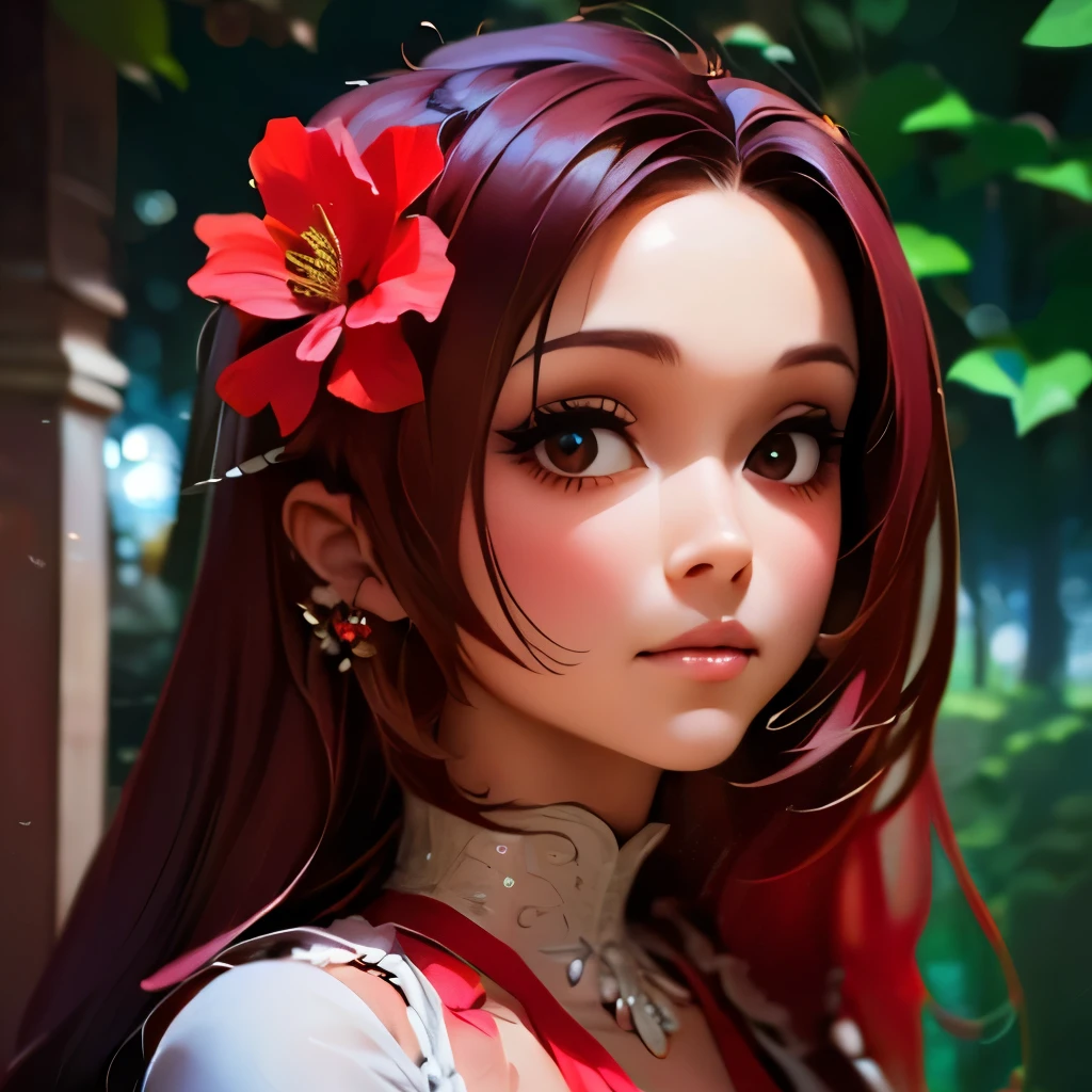 a close up of a woman with long red hair and a flowered dress, digital art inspired by Chen Lu, trending on cg society, digital art, realistic artstyle, realism artstyle, 🌺 cgsociety, photorealistic artstyle, photorealistic disney, fanart, in the art style of bowater, photorealistic anime girl render, hyperrealistic teen, realism art