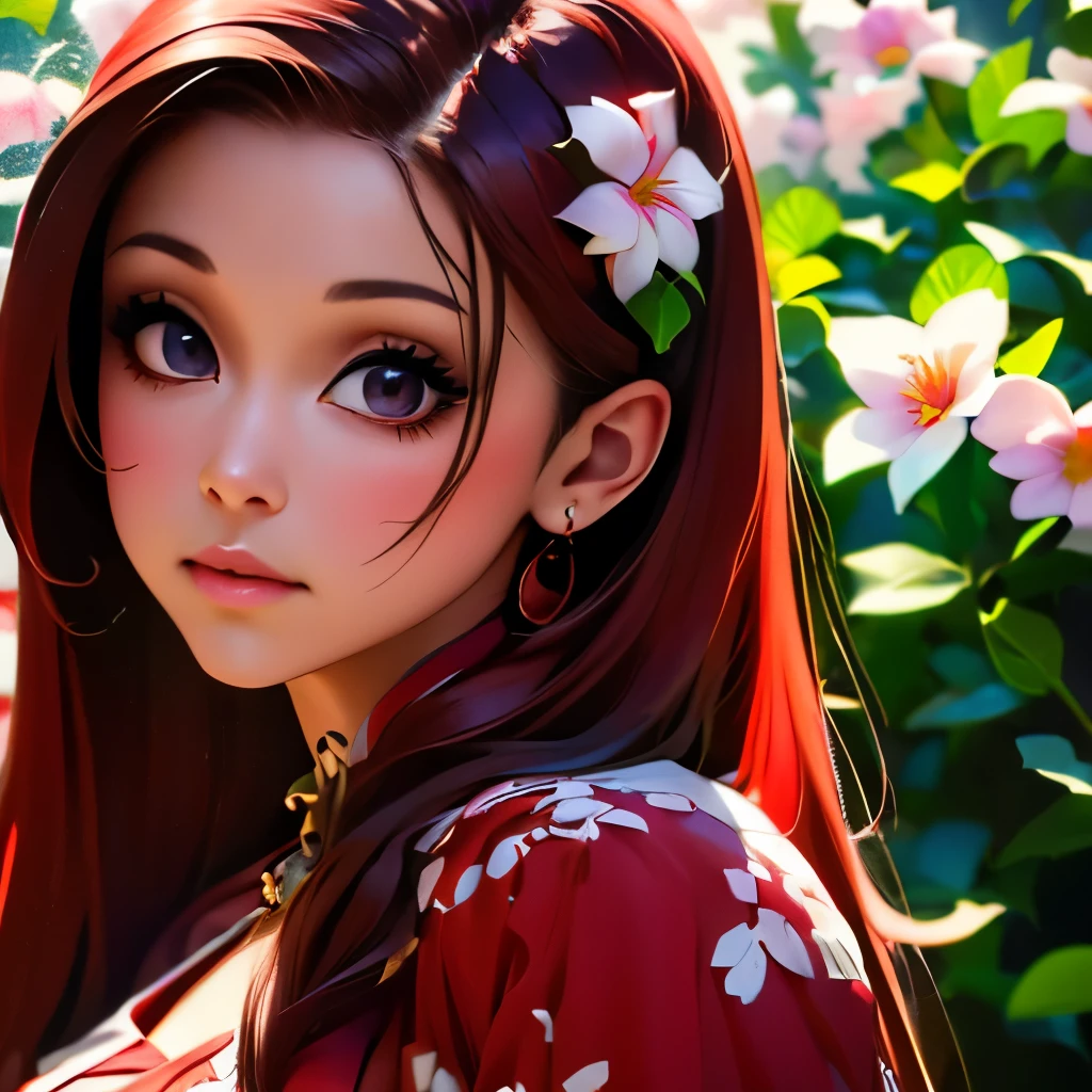 a close up of a woman with long red hair and a flowered dress, digital art inspired by Chen Lu, trending on cg society, digital art, realistic artstyle, realism artstyle, 🌺 cgsociety, photorealistic artstyle, photorealistic disney, fanart, in the art style of bowater, photorealistic anime girl render, hyperrealistic teen, realism art