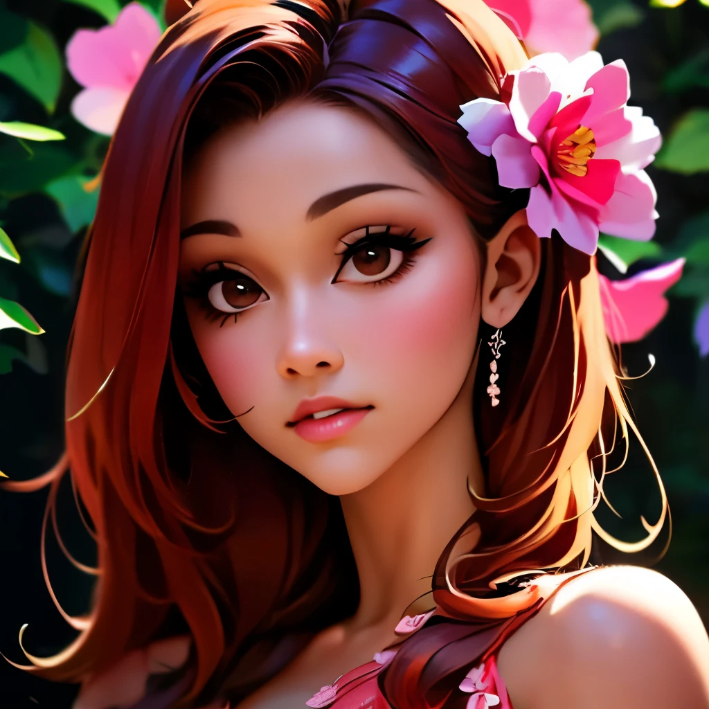 a close up of a woman with long red hair and a flowered dress, digital art inspired by Chen Lu, trending on cg society, digital art, realistic artstyle, realism artstyle, 🌺 cgsociety, photorealistic artstyle, photorealistic disney, fanart, in the art style of bowater, photorealistic anime girl render, hyperrealistic teen, realism art