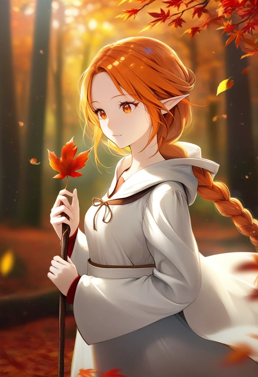 score_9, score_8_up, score_7_up, (masterpiece, UHD, 8K, 16K, ultra detailed), sfw, upperbody shot, 1girl, elf, orange eyes, one side braided hair, ginger hair, holding a red leaf, white dress with hood, intricate details, (murmuring leaves), (wind:1.2), (medieval fantasy), autumn forest background, (depth of field), bokeh, diffused light, dramatic ambient