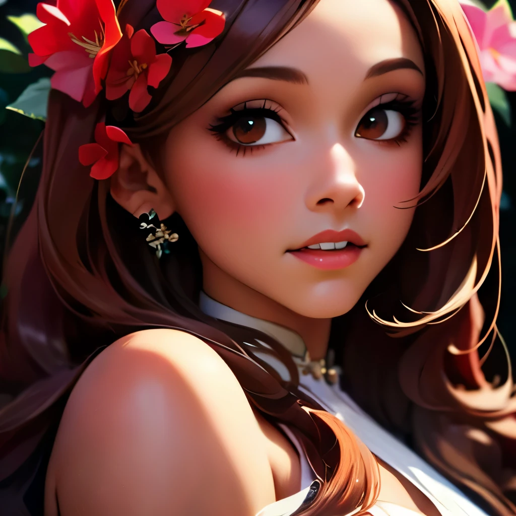 a close up of a woman with long red hair and a flowered dress, realistic artstyle, realism artstyle, 🌺 cgsociety, photorealistic artstyle, photorealistic disney, fanart, in the art style of bowater, hyperrealistic teen, photorealistic anime girl render, realism art, realistic hair, realistic art style, beautiful digital artwork, 🤤 girl portrait