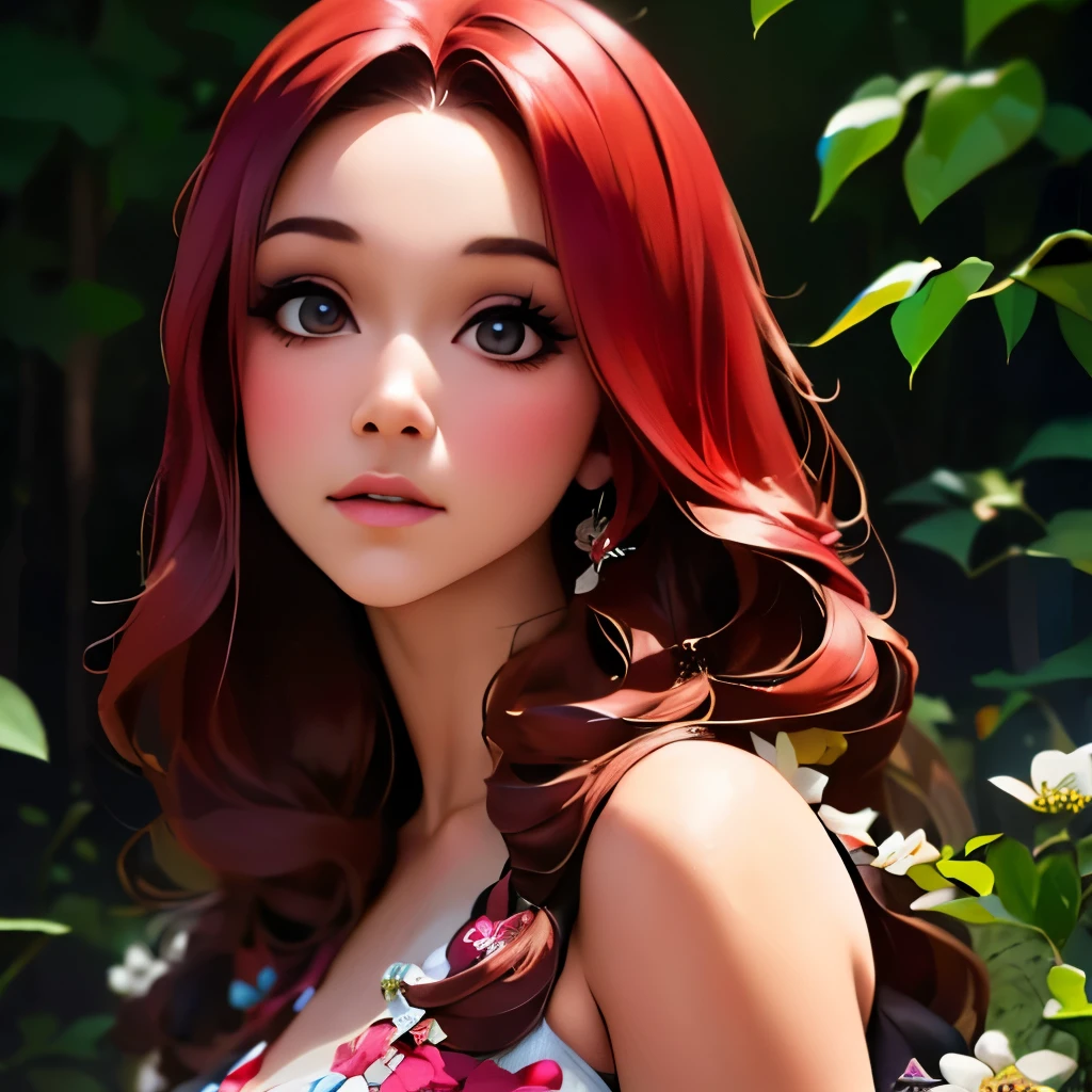 a close up of a woman with long red hair and a flowered dress, realistic artstyle, realism artstyle, 🌺 cgsociety, photorealistic artstyle, photorealistic disney, fanart, in the art style of bowater, hyperrealistic teen, photorealistic anime girl render, realism art, realistic hair, realistic art style, beautiful digital artwork, 🤤 girl portrait