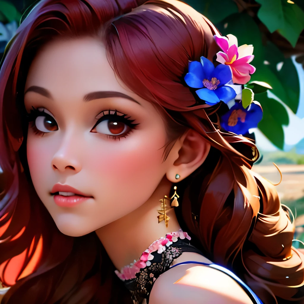 a close up of a woman with long red hair and a flowered dress, digital art inspired by Chen Lu, trending on cg society, digital art, realistic artstyle, realism artstyle, 🌺 cgsociety, photorealistic artstyle, photorealistic disney, fanart, in the art style of bowater, photorealistic anime girl render, hyperrealistic teen, realism art