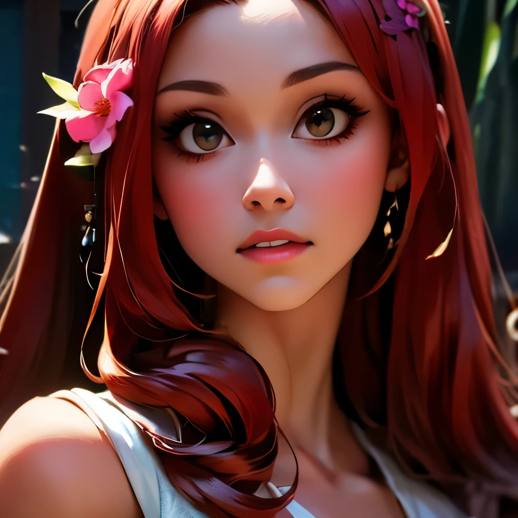 a close up of a woman with long red hair and a flowered dress, digital art inspired by Chen Lu, trending on cg society, digital art, realistic artstyle, realism artstyle, 🌺 cgsociety, photorealistic artstyle, photorealistic disney, fanart, in the art style of bowater, photorealistic anime girl render, hyperrealistic teen, realism art