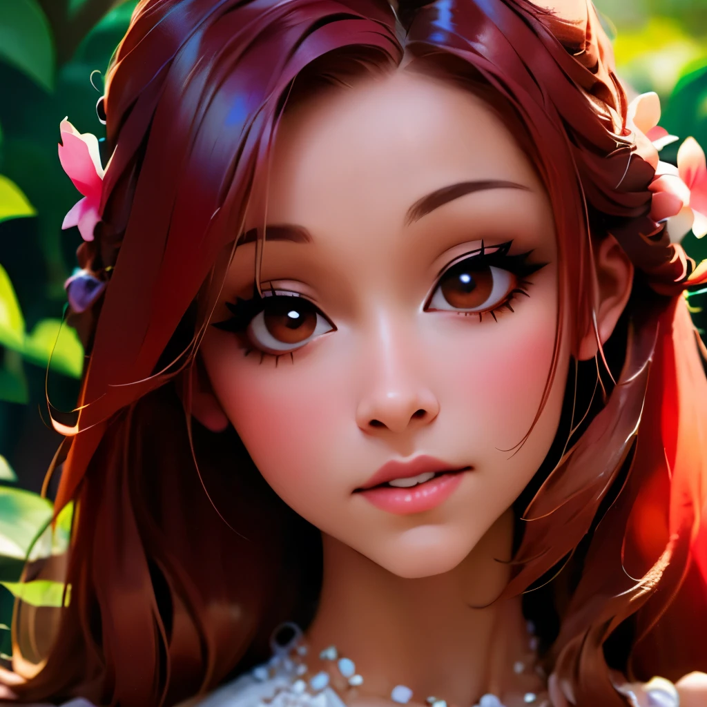 a close up of a woman with long red hair and a flowered dress, digital art inspired by Chen Lu, trending on cg society, digital art, realistic artstyle, realism artstyle, 🌺 cgsociety, photorealistic artstyle, photorealistic disney, fanart, in the art style of bowater, photorealistic anime girl render, hyperrealistic teen, realism art