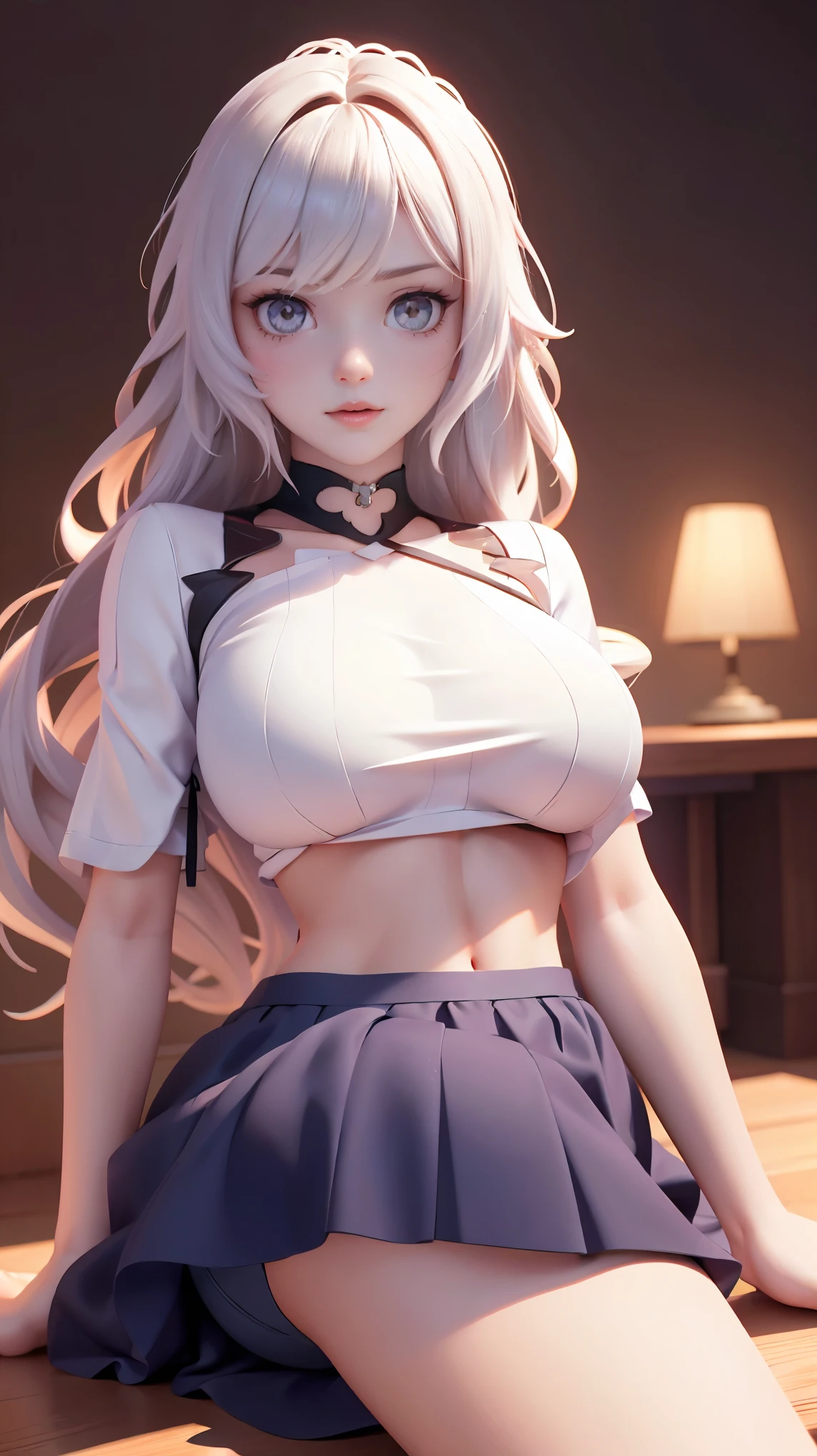 A woman with white hair wearing a tight underboob t-shirt, skirt, sexy pose, perfect ass, perfect breasts, not wearing a bra, (best quality,4k,8k,highres,masterpiece:1.2),ultra-detailed,(realistic,photorealistic,photo-realistic:1.37),highly detailed face,beautiful detailed eyes,beautiful detailed lips,extremely detailed eyes and face,longeyelashes,photorealistic,cinematic lighting,dramatic lighting,dramatic shadows,chiaroscuro lighting,warm color tones,glowing skin,volumetric lighting,depth of field