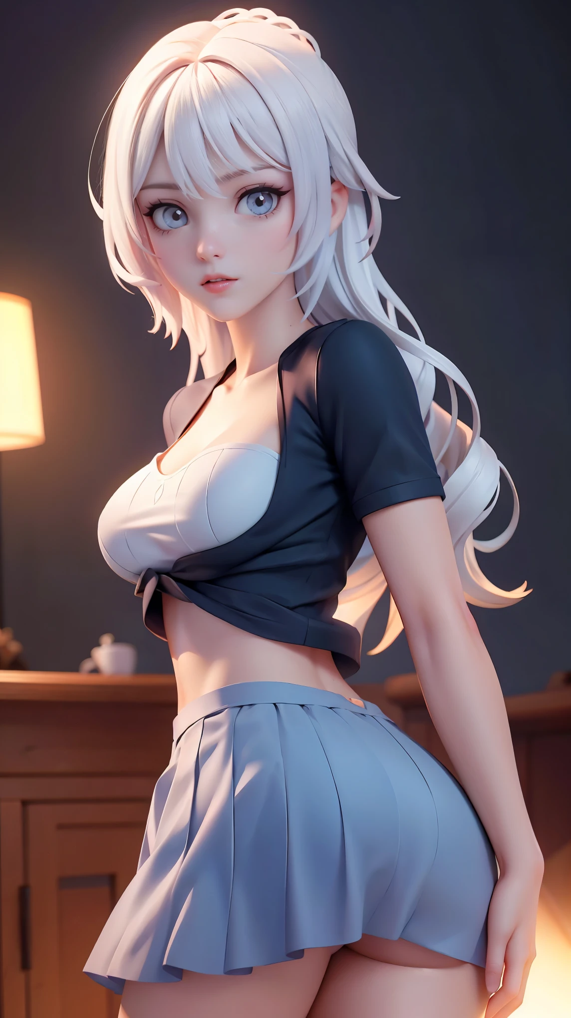 A woman with white hair wearing a tight underboob t-shirt, skirt, sexy pose, perfect ass, perfect breasts, not wearing a bra, (best quality,4k,8k,highres,masterpiece:1.2),ultra-detailed,(realistic,photorealistic,photo-realistic:1.37),highly detailed face,beautiful detailed eyes,beautiful detailed lips,extremely detailed eyes and face,longeyelashes,photorealistic,cinematic lighting,dramatic lighting,dramatic shadows,chiaroscuro lighting,warm color tones,glowing skin,volumetric lighting,depth of field