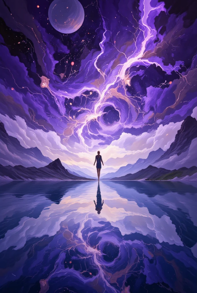 a small FIGURE running on a reflective lake surface, reflective lake surface, rippling water, colorful space background filled with swirling purple nebulae and distant planets, 8k, hyper realistic, detailed, masterpiece, vibrant colors, dramatic lighting, cinematic, photorealistic, award winning art,DB4RZ style painting,