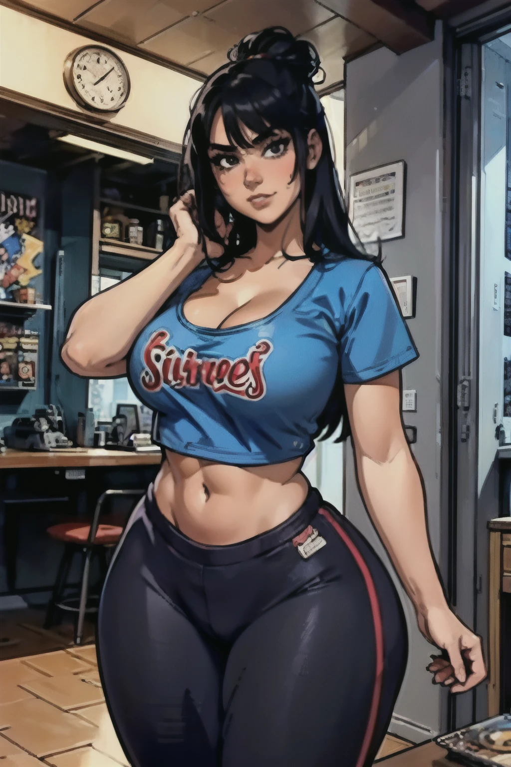 masterpiece, best quality, 1girl, looking at viewer, medium shot, indoors, arcade, rizdraws, thick lineart, film grain, traditional artstyle, command grab, dark hair, huge breasts, t-shirt, midriff, cleavage, wide hips, muscular thighs, sweatpants