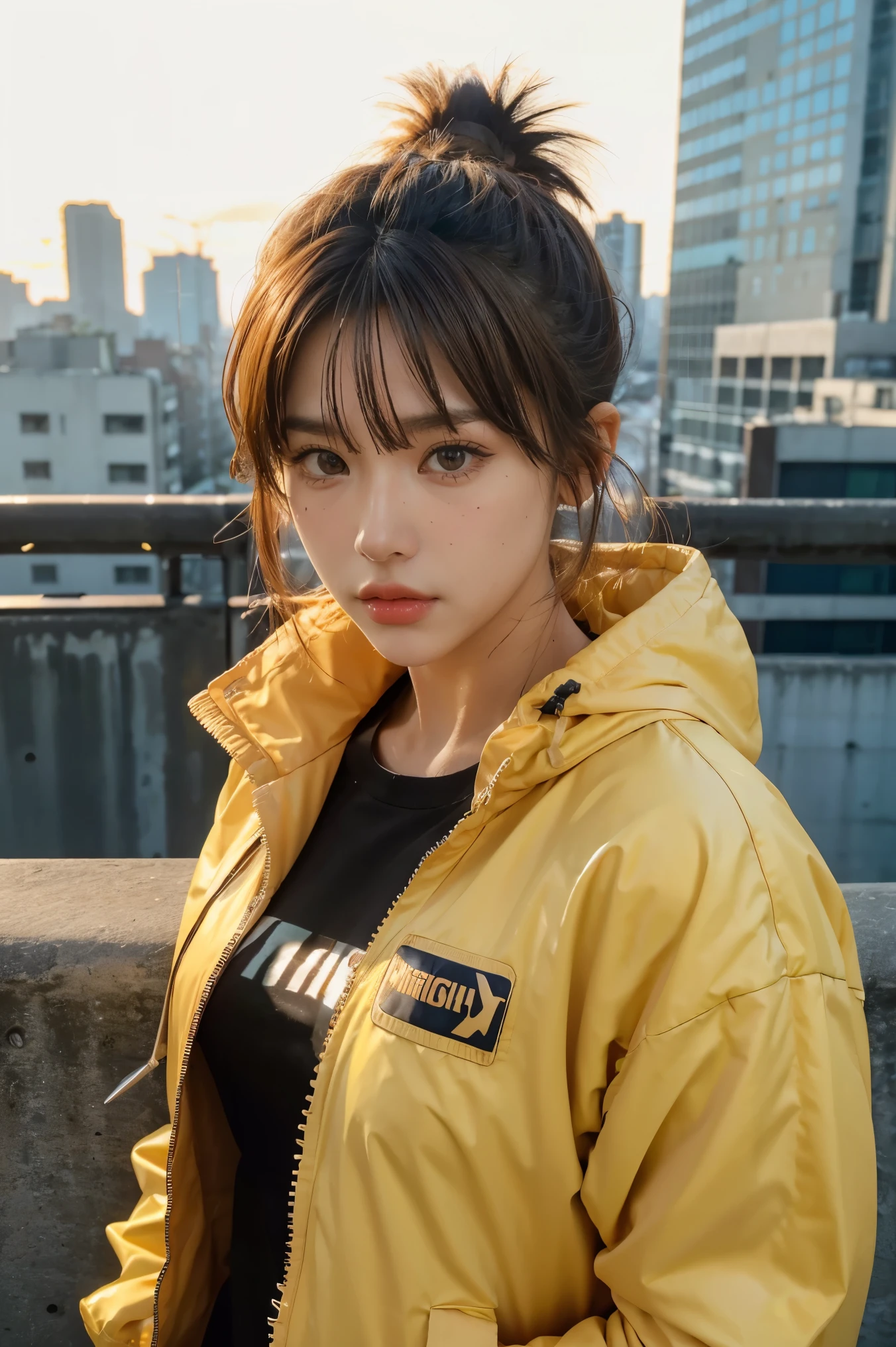 RAW photo, photo of 20 y.o 1girl, solo, realistic,shirt,jacket, cyberpunk, spiked hair,brown hair, yellow jacket, background is city ruins, (high detailed skin:1.2), 8k uhd, dslr, soft lighting, high quality, film grain, Fujifilm XT3, highly detailed background