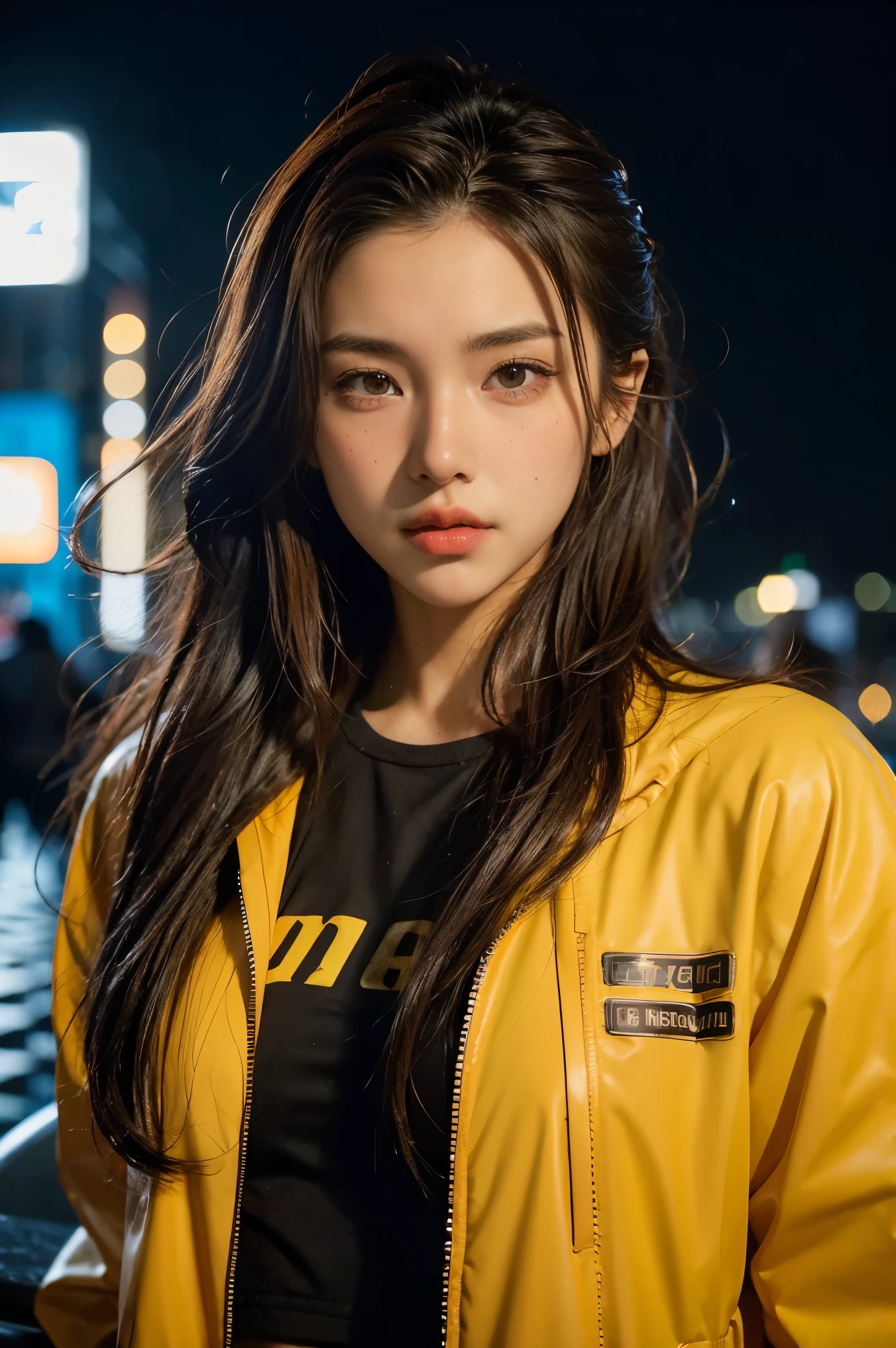 RAW photo, photo of 20 y.o 1girl, solo, realistic,shirt,jacket, cyberpunk, spiked hair,brown hair, yellow jacket, background is city ruins, (high detailed skin:1.2), 8k uhd, dslr, soft lighting, high quality, film grain, Fujifilm XT3, highly detailed background