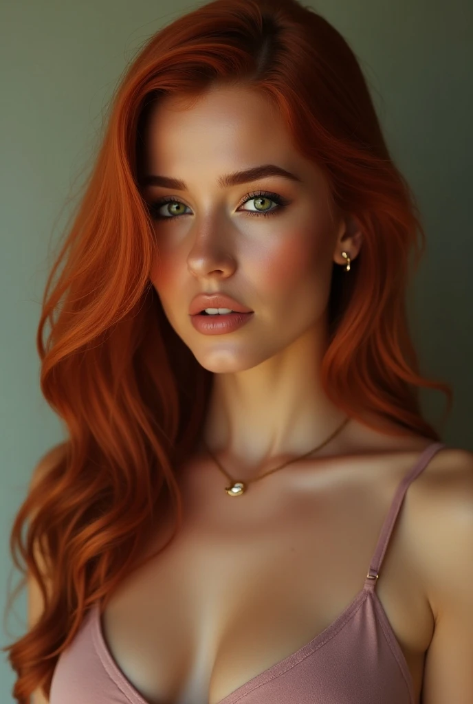 A woman is carrying there (Eva Mendes) with red hair for a photo, Fine Art Portrait Photography, Beautiful portrait lighting, Glamour Portrait, Portrait of a red-haired girl, eine rothaarige junge Frau, gorgeous portrait, Medium Portrait Soft Light, Beauty Portrait, rothaarige Frau, redhead girl, stunning portrait, roter Kopf, realistic studio portrait, beautiful portrait photo, dramatic portrait, 60mm Hochformat, beautiful full breasts, seductive, lush look, Frau will Sex, Begierde