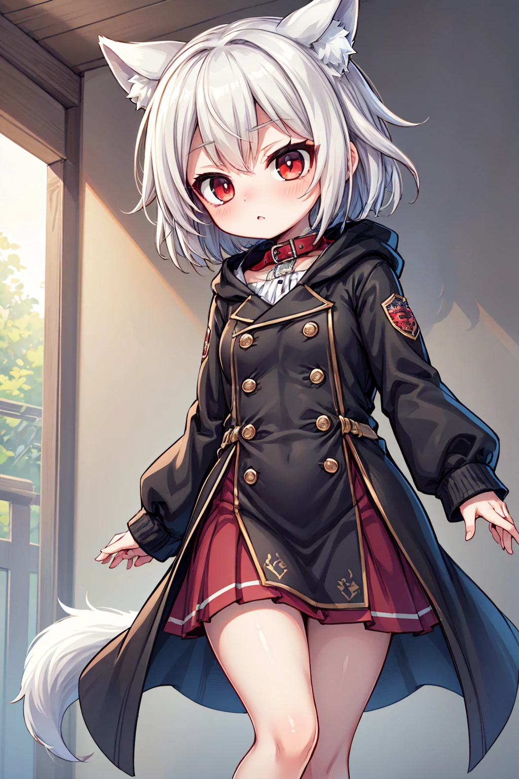  Best Quality, 4K, masterpiece,  girl, mini breasted , red eyes, Gray Hair,  short - medium hair , Wolf Girl, Whitetail,   black long coat ,  black long skirt, black long skirt, black belt, Red collar, Black clothes