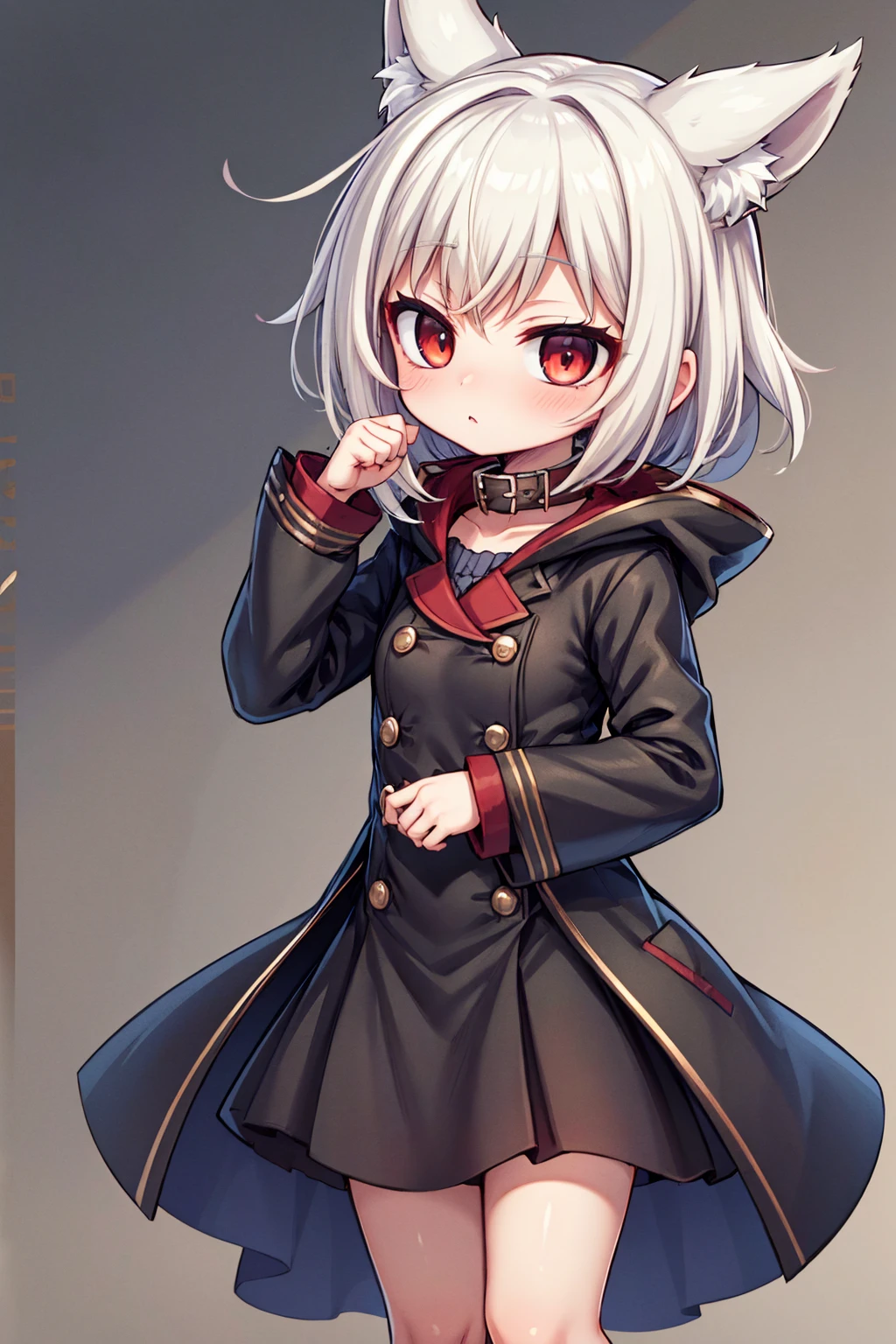  Best Quality, 4K, masterpiece,  girl, mini breasted , red eyes, Gray Hair,  short - medium hair , Wolf Girl, Whitetail,   black long coat ,  black long skirt, black long skirt, black belt, Red collar, Black clothes