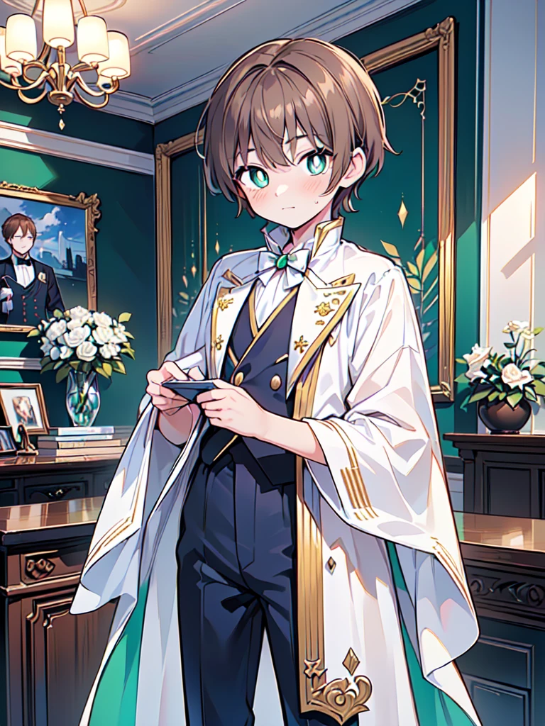 (makes an aesthetic,Master piece,Best Quality:1.5,all detailed,ultra detailed:1.2,extremely detailed CG unity 8k wallpaper,intricate details,Anime),((1boy:2,solo:2,8year old,pretty boy:2,beautiful boys:2)),((very short hair:2,beautiful light brown hair:1.6,emerald green eyes:2,perfect eyes:2,bright pupils:1.2, white pupils:1.2,round eyes,anime eyes)),(white skin,shy:1.2,embarrassed),fantasy world,in the noon,castle,((aristocratic costume:1.4, royalty:1.6,pants:1.8,prince))
