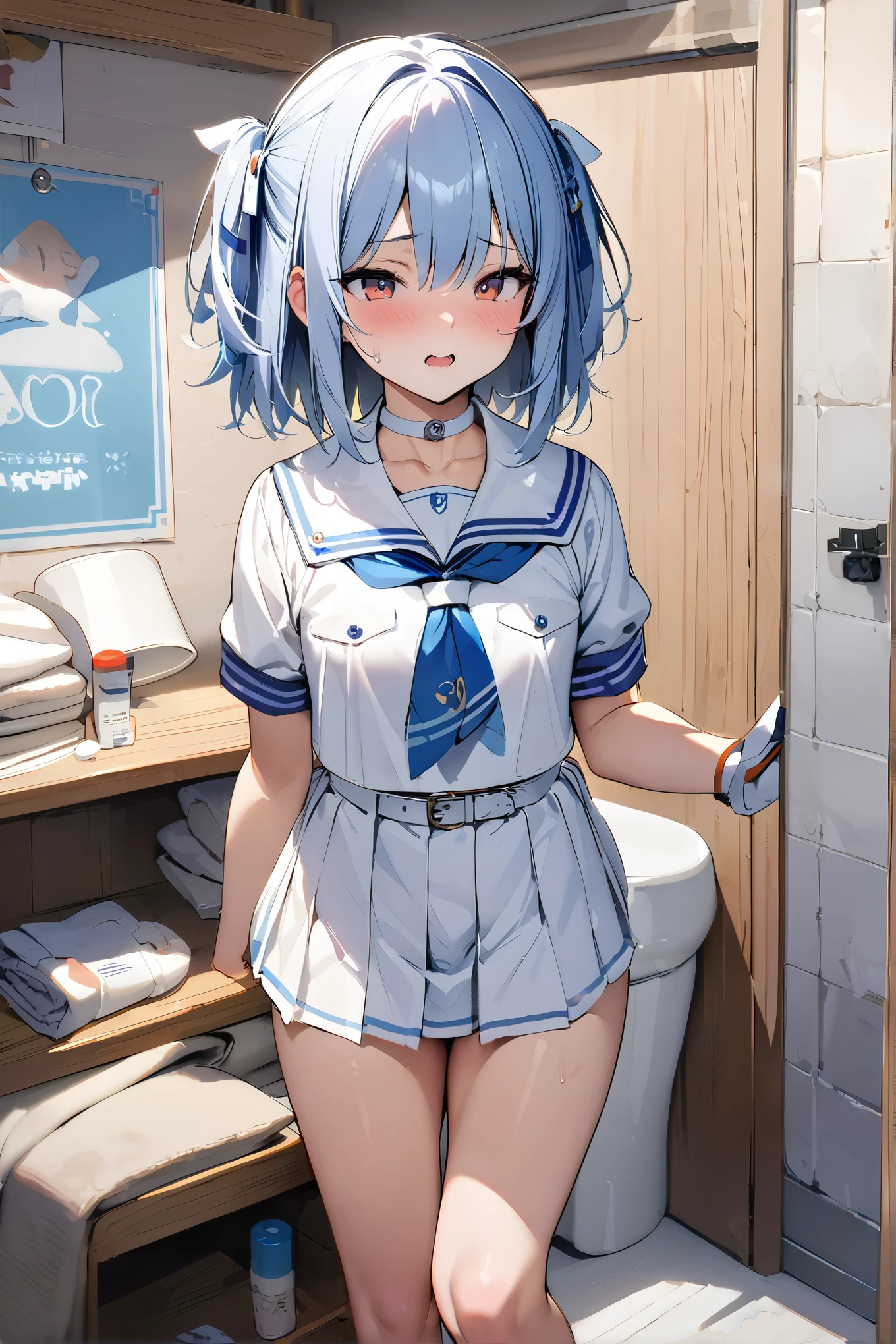 NSFW,masterpiece,Best Quality, high definition, very detailed, short hair、 two side up 、Hair Clip、White choker、 sailor suit、Short dress、Short sleeve、 blue neckerchief、White belt, girls' room ,Distributor