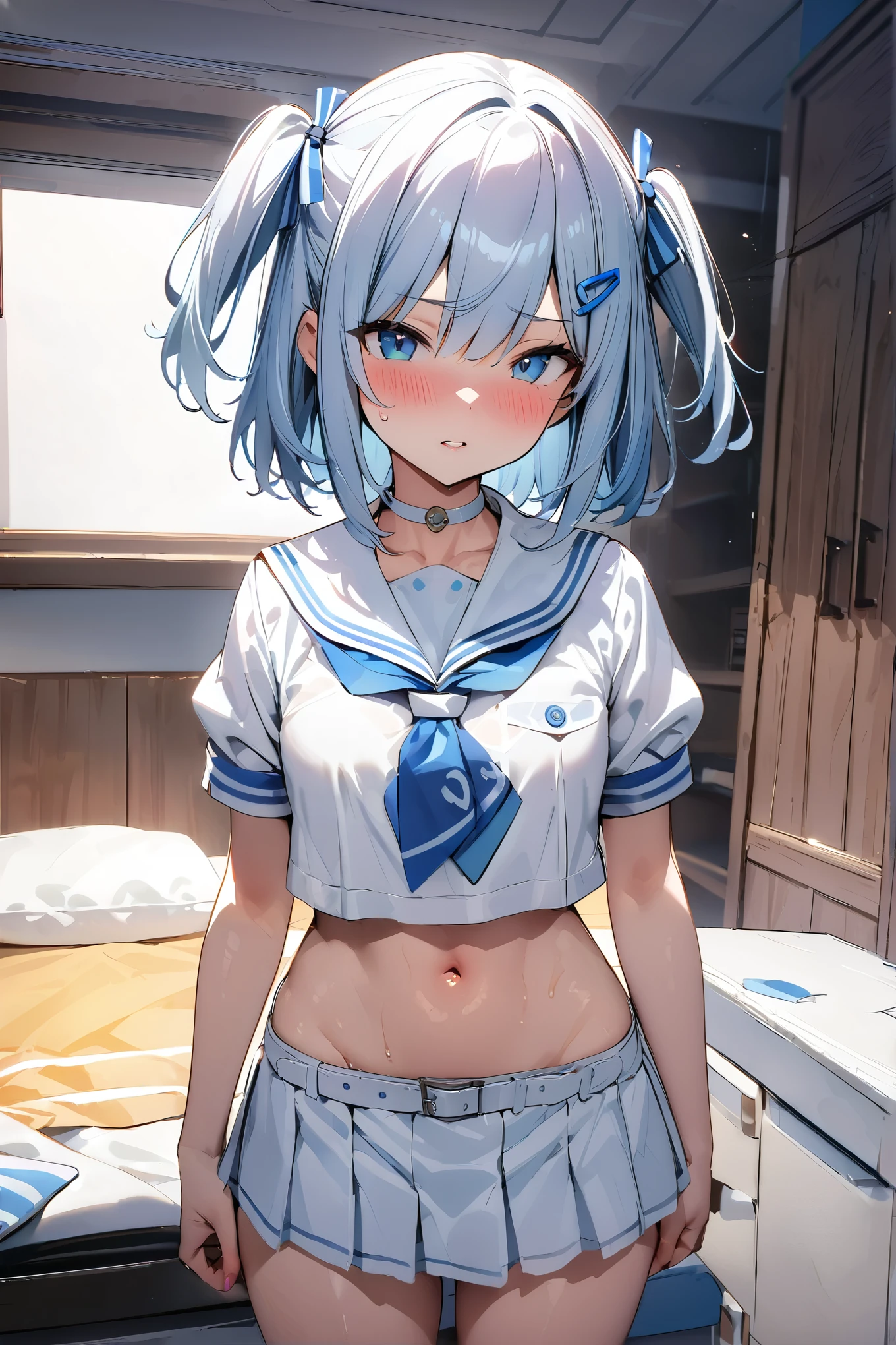 NSFW,masterpiece,Best Quality, high definition, very detailed, short hair、 two side up 、Hair Clip、White choker、 sailor suit、Short dress、Short sleeve、 blue neckerchief、White belt, girls' room ,Distributor