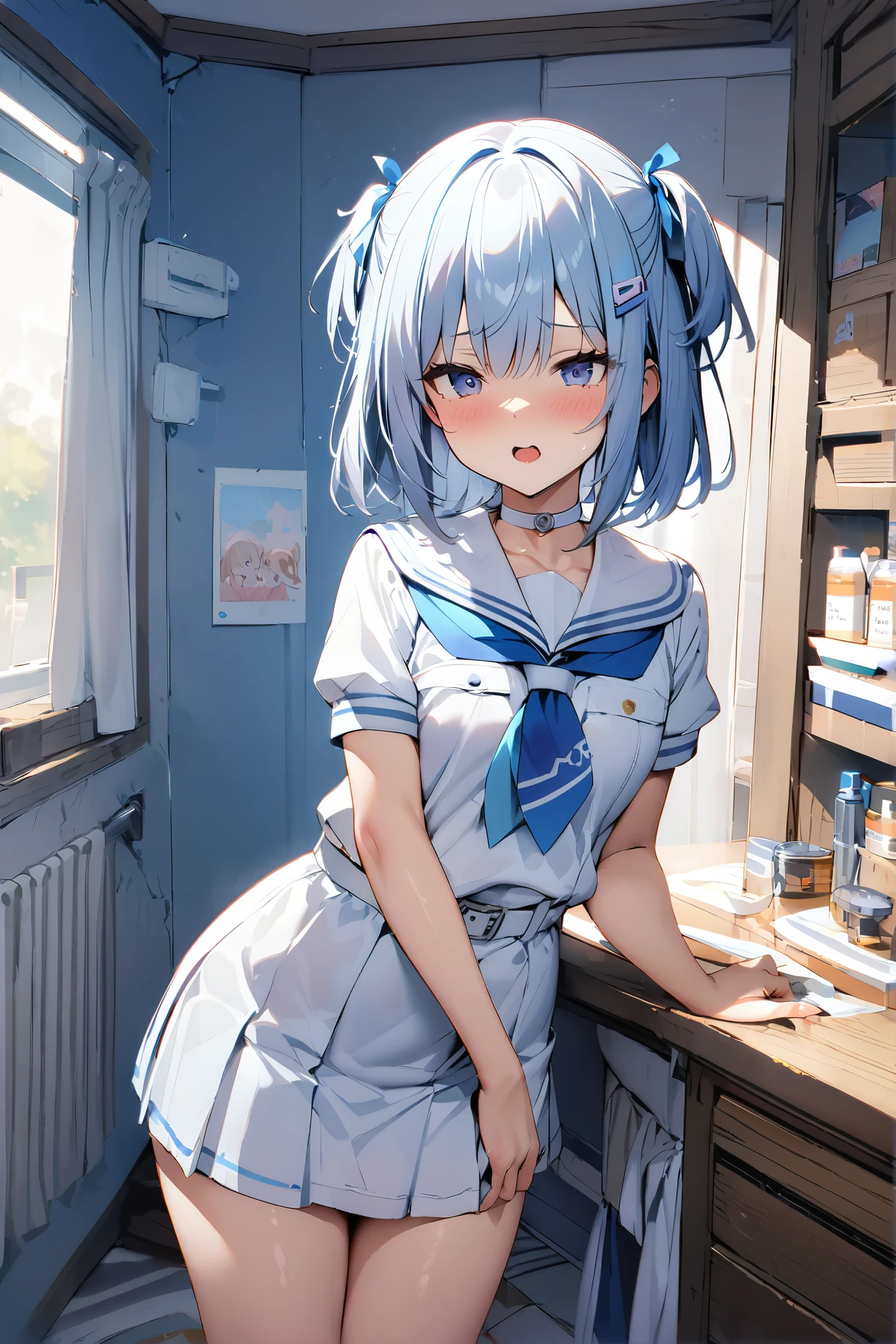 NSFW,masterpiece,Best Quality, high definition, very detailed, short hair、 two side up 、Hair Clip、White choker、 sailor suit、Short dress、Short sleeve、 blue neckerchief、White belt, girls' room ,Distributor