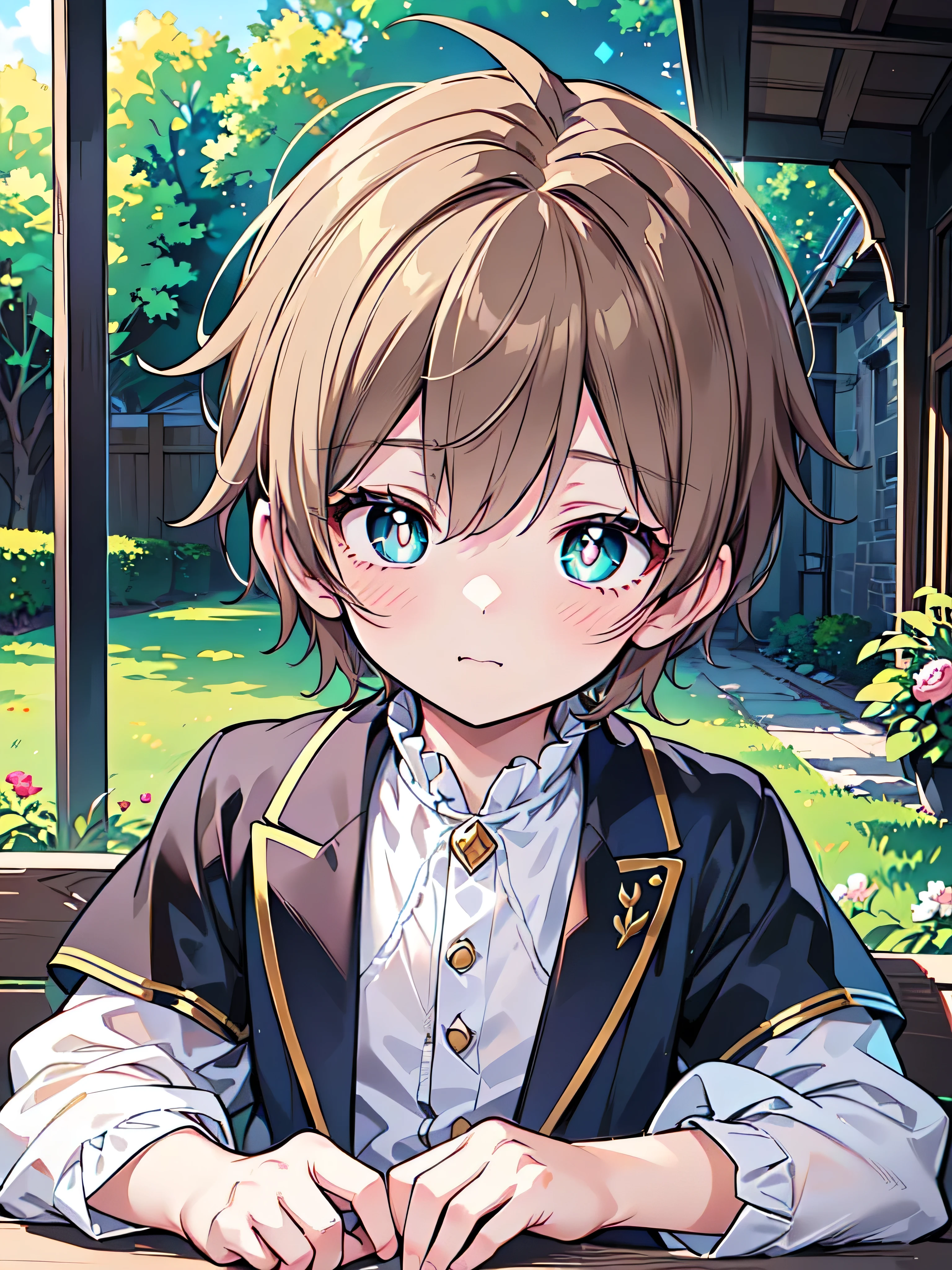 (makes an aesthetic,Master piece,Best Quality,all detailed,ultra detailed,extremely detailed CG unity 8k wallpaper,intricate details,Anime),((1boy:2,solo:2,8year old,pretty boy:2,beautiful boys:2)),((very short hair:2,beautiful light brown hair:1.6,emerald green eyes:2,perfect eyes:2,bright pupils:1.2, white pupils:1.2,round eyes,anime eyes)),(white skin,shy:1.2,embarrassed),fantasy world,in the noon,castle,((aristocratic costume:1.4, royalty:1.6,prince))