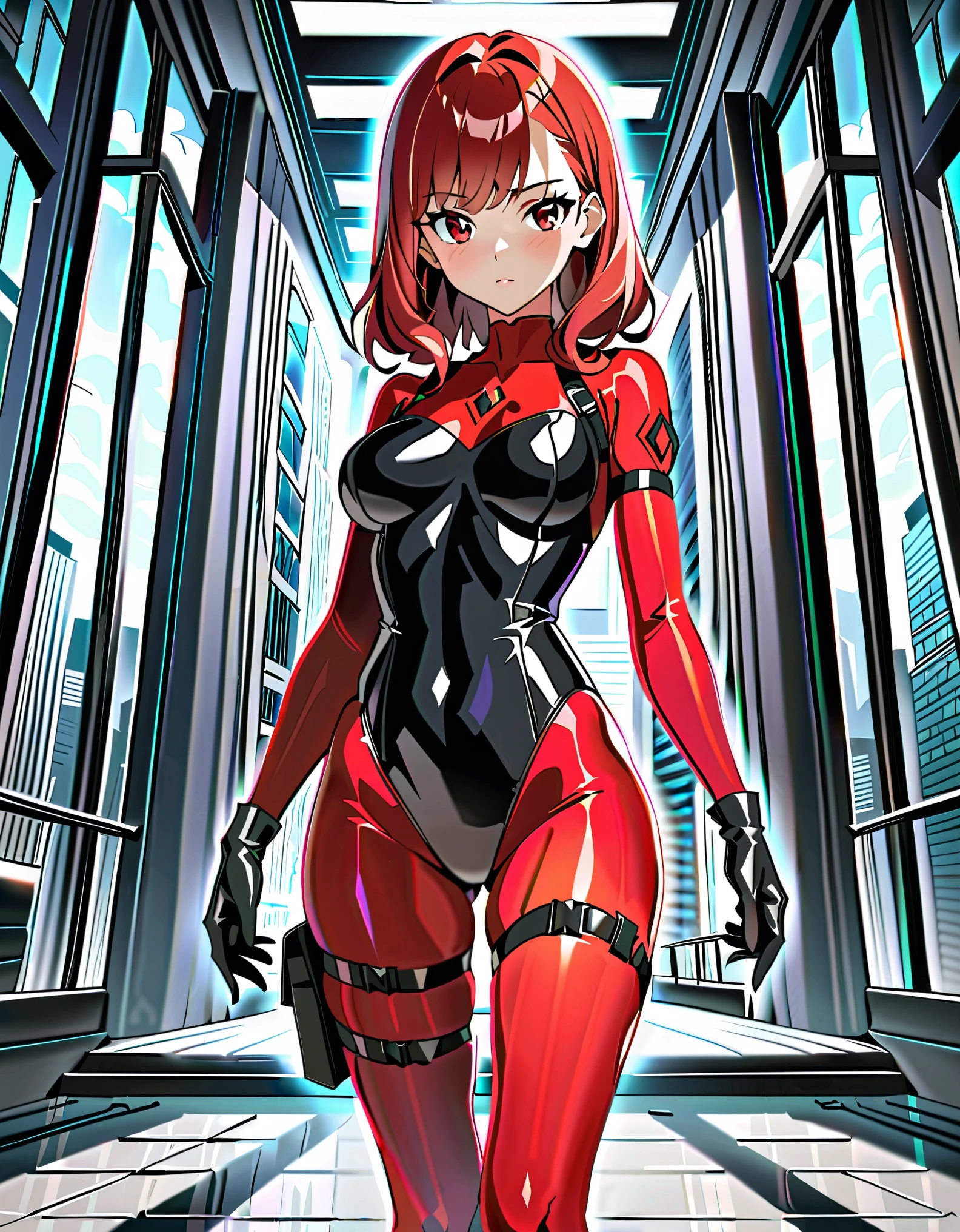 masterpiece, highly detailed, best quality, high quality, 1female, (solo, solo focus), beautiful detailed eyes, beautiful detailed face, (perfect hands), perfect anatomy, perfect proportions, detailed shadows, detailed light, (red skintight bodysuit, (black leotard), thigh holster, thigh strap), matching gloves, (full red pantyhose, skintight red leggings, perfect fit), matching boots, black boots, ankle boots, full body, serious, full body costume design. hi-tech spy building, indoors.