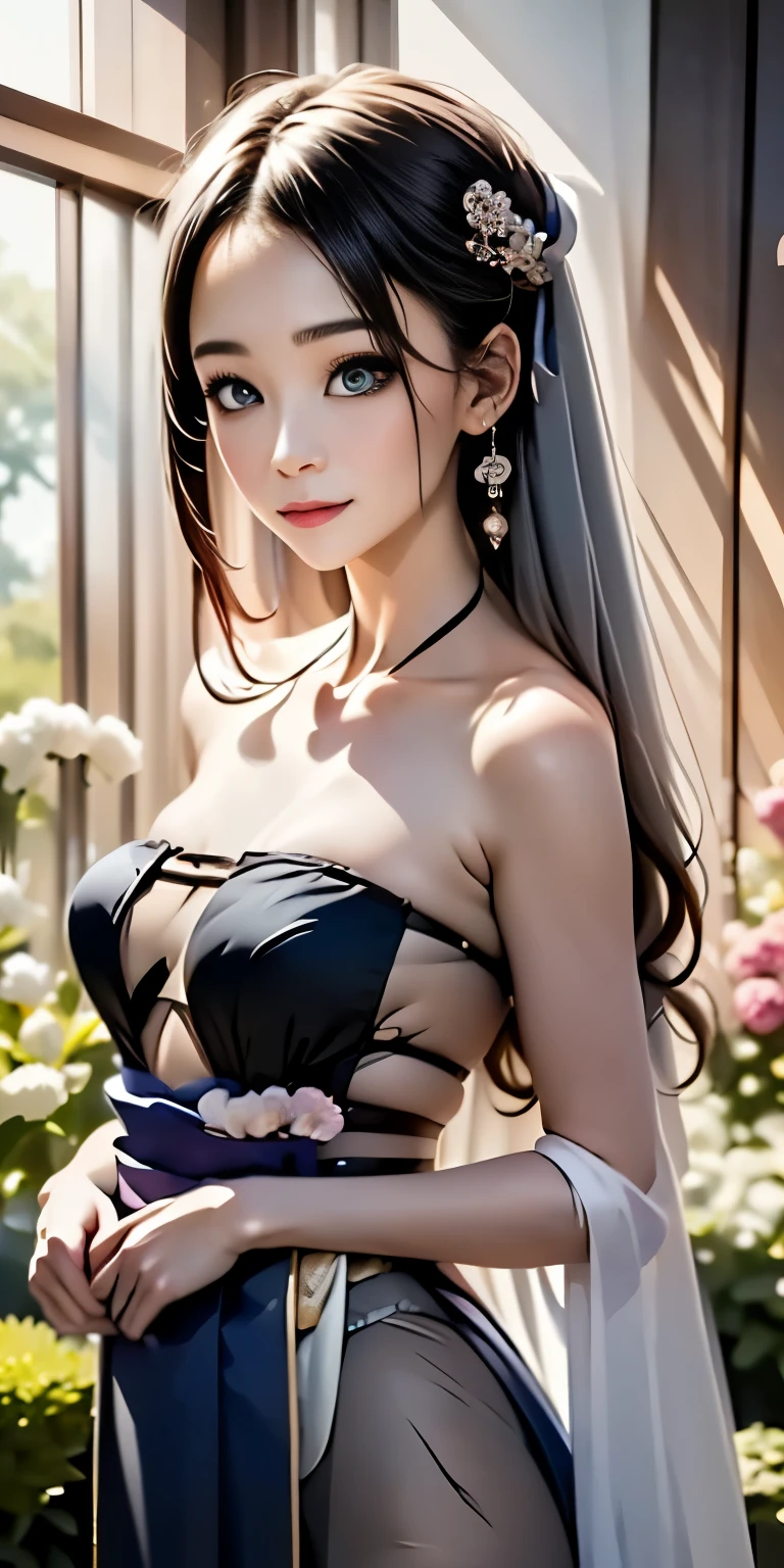 (ace, ribbon, Hanfu, (masterpiece, side light, delicate and beautiful gray eyes: 1.2), masterpiece, realistic, glowing eyes, shiny hair, dark hair, long hair, shiny skin, solo, awkward, strapless, delicate, beautiful, garden, flowers, fluttering petals,