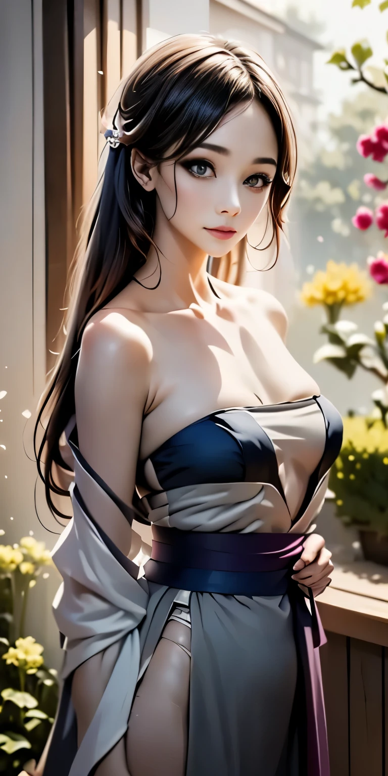 (ace, ribbon, Hanfu, (masterpiece, side light, delicate and beautiful gray eyes: 1.2), masterpiece, realistic, glowing eyes, shiny hair, dark hair, long hair, shiny skin, solo, awkward, strapless, delicate, beautiful, garden, flowers, fluttering petals,