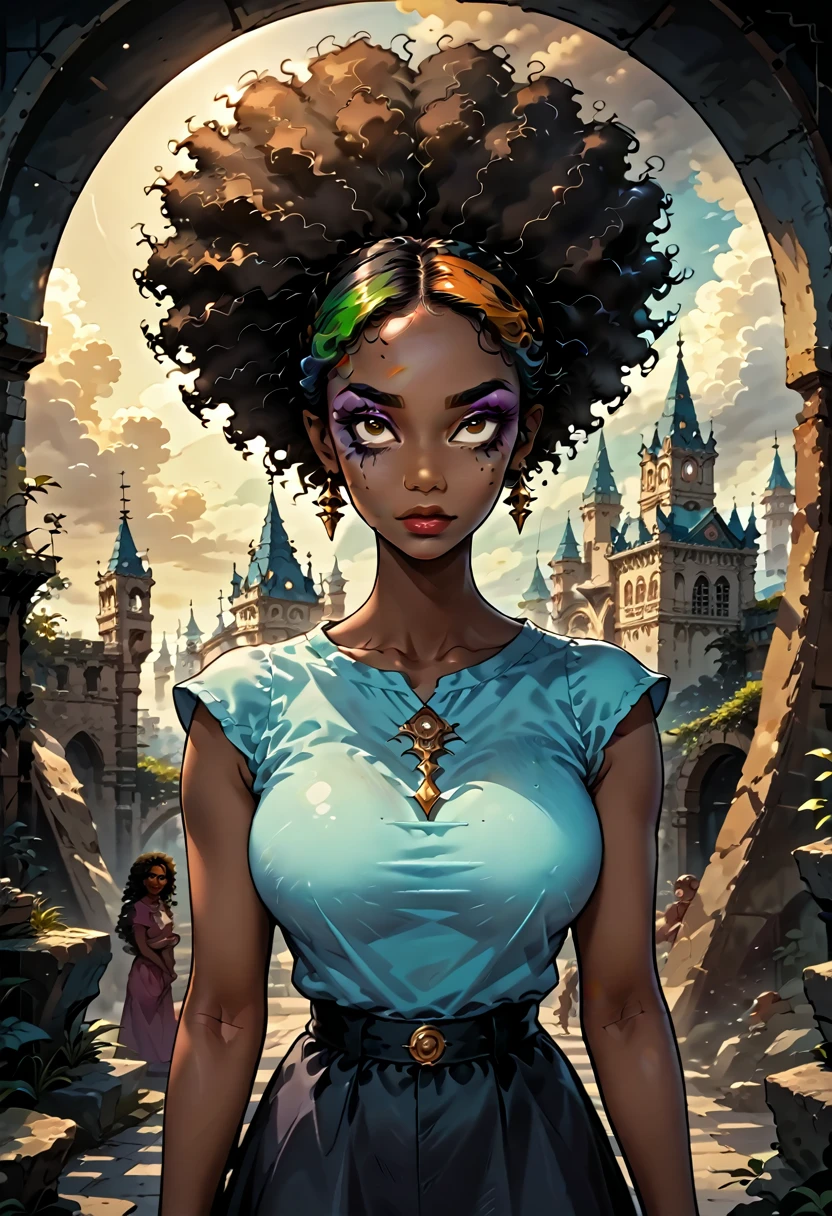 incredibly detailed, fashionable,  dark anime-style image , hidden ~ esoteric ~ very detailed in the photo , ( The entire body is portrayed ) , ((An adult, depraved, thin Afro woman with large breasts,  beautiful facial features , Sexy makeup)),  of four,  dressed in a short transparent tunic ((thin,   brown skin color with highlights all over the figure)),   distinguished by tanned spots on the body  , The play of light and shadow,witch