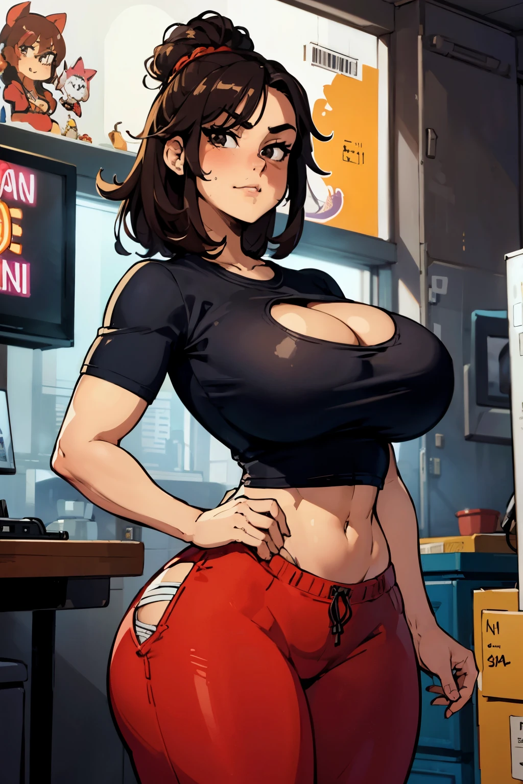 masterpiece, best quality, 1girl, looking at viewer, medium shot, indoors, arcade, rizdraws, thick lineart, film grain, traditional artstyle, command grab, dark hair, huge breasts, t-shirt, midriff, cleavage, wide hips, muscular thighs, sweatpants