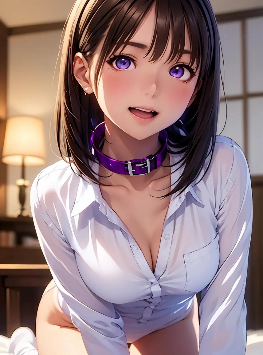   high definition ,In 8K, best quality, Details,Semi-realistic anime, D Anime Style , Smooth Anime CG , one girl playing pranks, 19-year-old Japanese woman,slim,modeling,VERY STRAIGHT HAIR ,  Pink Shimmering Lips , Glossy Chestnut Hair , Detailsな顔,Beautiful and  Details, ,(( deep blue-purple glowing eyes)),( small breasts),(Shut your mouth.),(Laughter),(( depth of field )),( has a blurry background),(((Wearing an unbuttoned long-sleeved white silk satin shirt with a collar))),  shiny satin white panties,(( thigh high socks)),(((No bottoms)))
