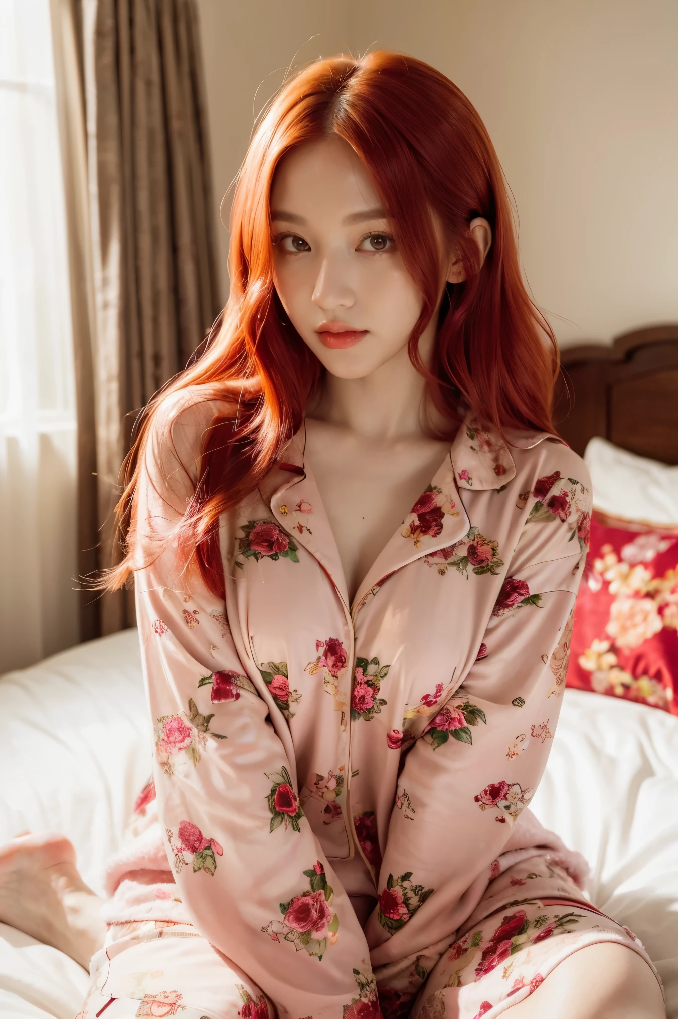 There is a woman sitting on a bed wearing a pink floral pajamas, red-haired girl, beautiful red-haired woman, red-haired woman, young red-haired girl, short bright red hair, red hair and attractive features, Anna Nikonova aka Newmilky, red-haired girl, redhead, beautiful woman, posing in bed, red head, with short red hair, posing in a room