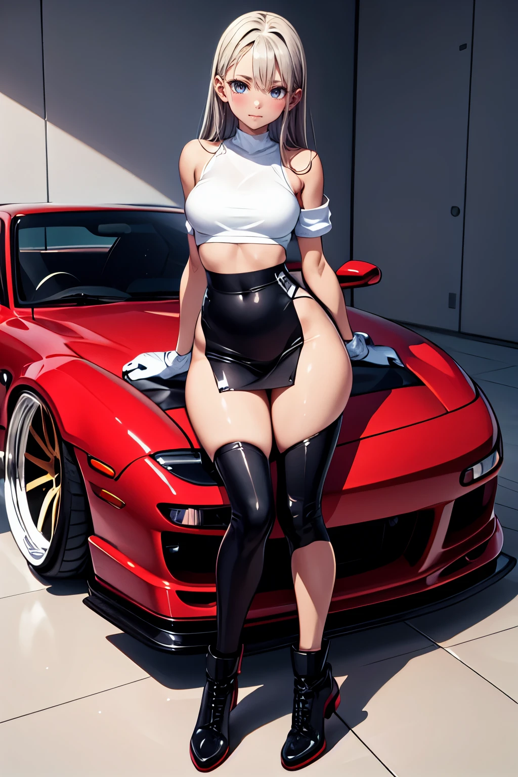 Pretty girl next to a tuned RX7 , Widebody kit , Deep rim wheel ,Custom car  ,, high definition,  High Details, とても小さな胸 