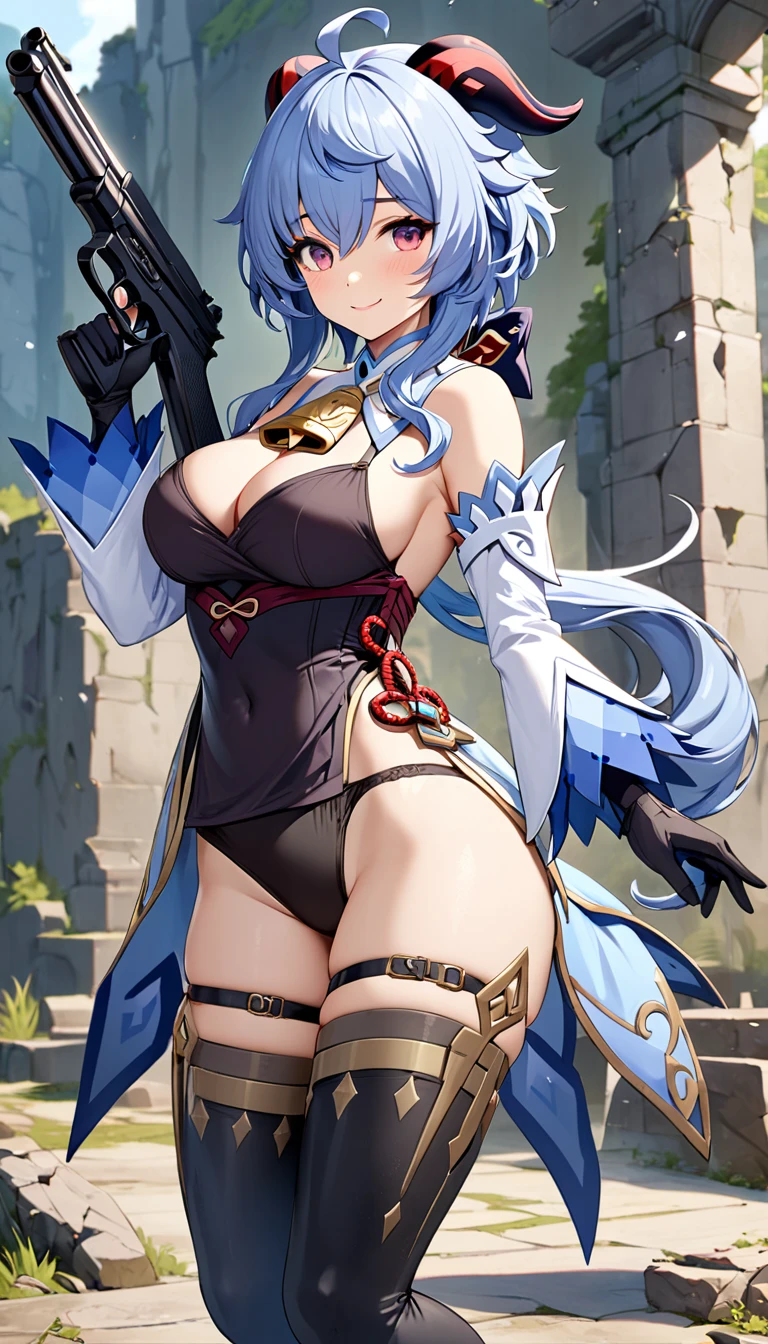 ultra-detailed, 1girl, ganyu \(genshin impact\), genshin impact, ((masterpiece)), (best quality), (highres), pink eyes, 16K, short hair, horns, wearing tactical clothes, wearing black panties, black gloves, tactical belt, thigh boots,, busty body, large breasts and a beautiful ass, showcasing cleavage, legs, hips, holding gun, gun, looking at viewer, smiling, detailed face, detailed hair, detailed full body, ruins background