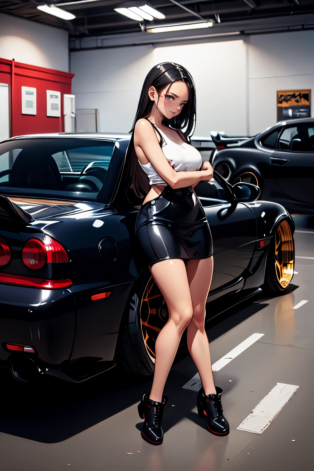 Pretty girl next to a tuned RX7 , Widebody kit , Deep rim wheel ,Custom car  ,, high definition,  High Details, とても小さな胸 