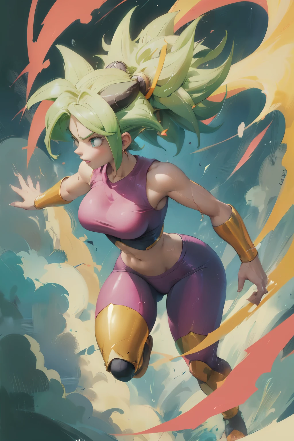 female,girl,dragonball super artstyle,Kefla, thic thights,clothes are wet ,breasts visible,illustration,drawing,best quality,masterpiece