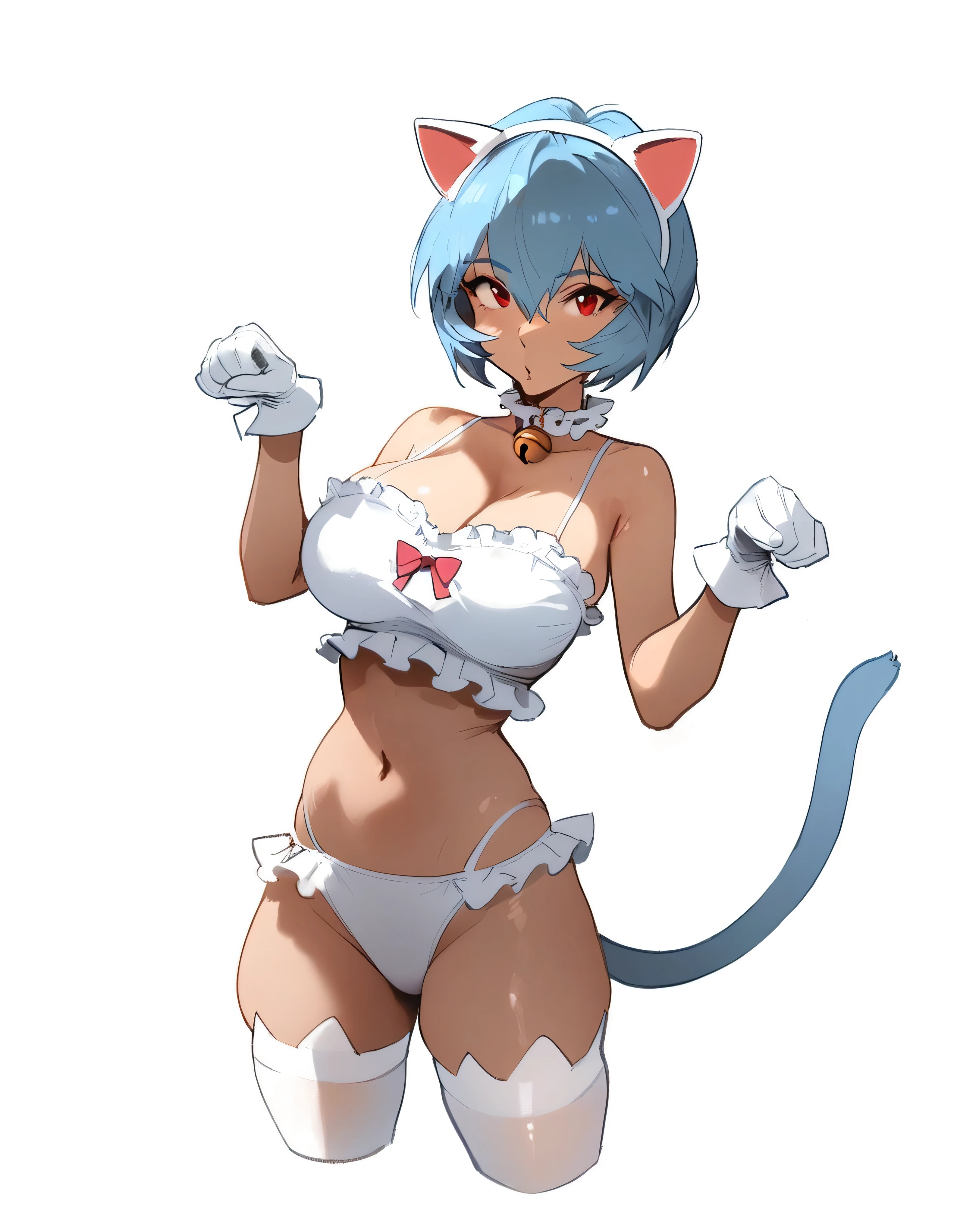 1girl, ayanami rei, neon genesis evangelion
\\\\\ masterpiece, best quality, newest ///// nyantcha, khyle, cutesexyrobutts \\\\\ slim,, thin waist, solo, looking at viewer, white background, simple background,, cropped legs,, paw pose, big breasts, white cat lingerie, frilled bra, jingle bell collar, cat-themed thighhighs, paw gloves, fake cat ears, cat tail, pop