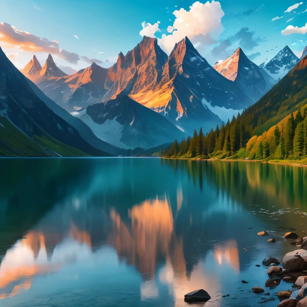 There is a lake with a mountain in the background, a picture by Jason A ...