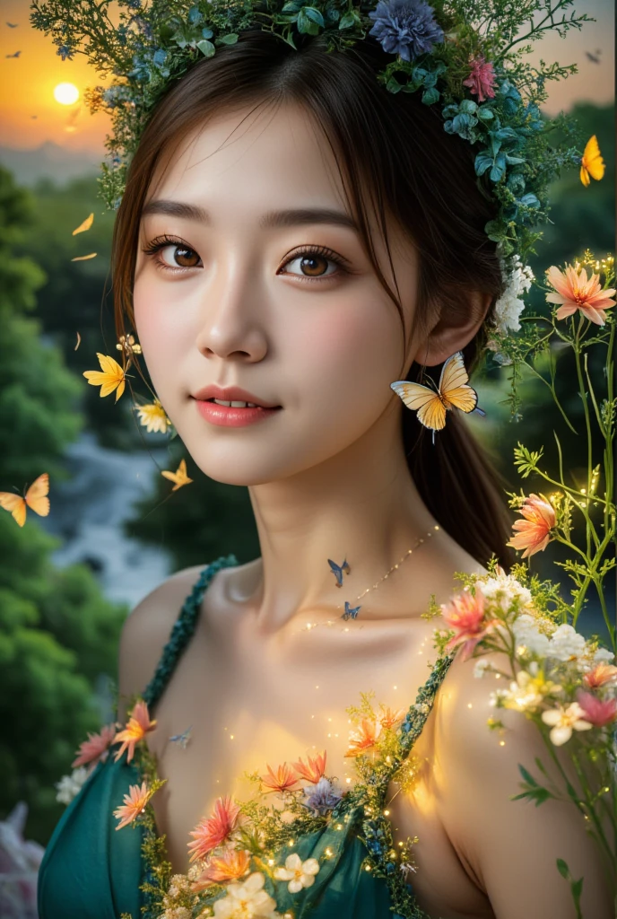 a beautiful girl, detailed face and eyes, long eyelashes, (best quality,4k,8k,highres,masterpiece:1.2),ultra-detailed,(realistic,photorealistic,photo-realistic:1.37),nature, colorful landscape, flowers, butterflys, glowing dress, spirit, blossom, depth of field