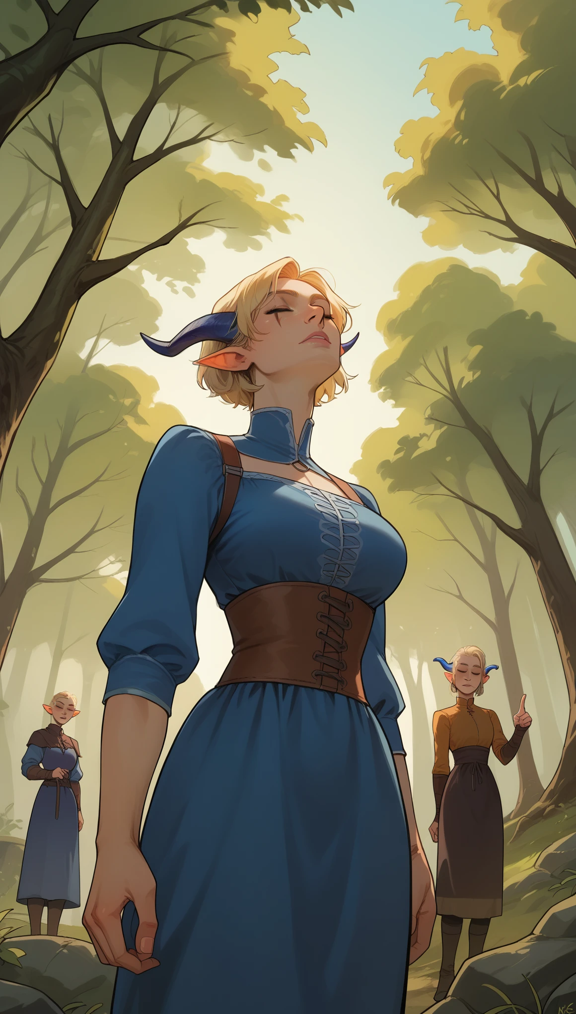 score_9, score_8_up, score_7_up, score_6_up, soruce_anime, 1girl, 20 year old, beautiful face, blue horns pointing up, (blue skin), tiefling woman, medieval, linen dress, blonde hair, short hair, scar, taaking a walk through the woods, forest, bliss, closed eyes, head up, from below, dramatic angle, epic