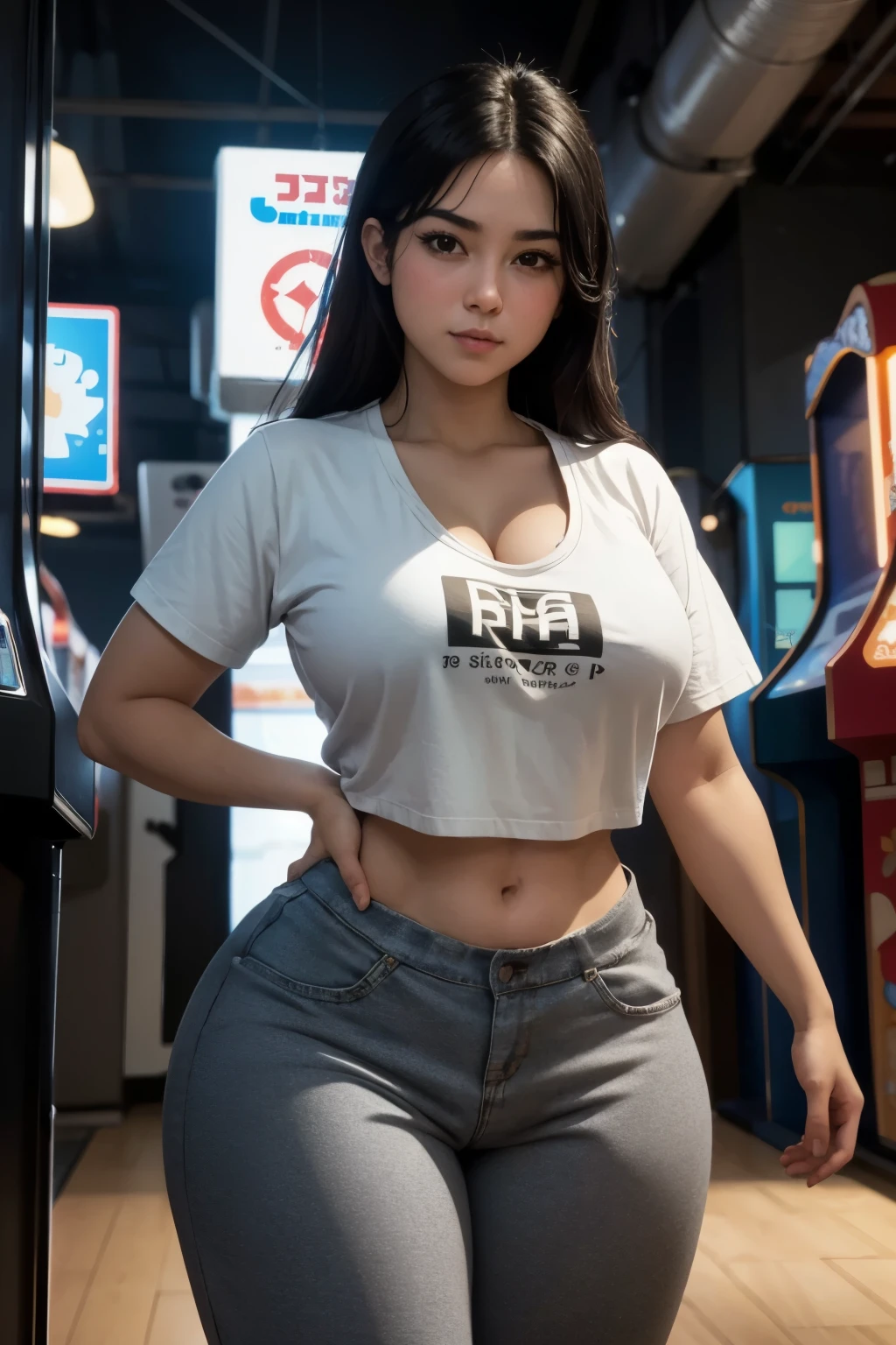 masterpiece, best quality, 1girl, looking at viewer, medium shot, indoors, arcade, rizdraws, thick lineart, film grain, traditional artstyle, command grab, dark hair, huge breasts, t-shirt, midriff, cleavage, wide hips, muscular thighs, sweatpants