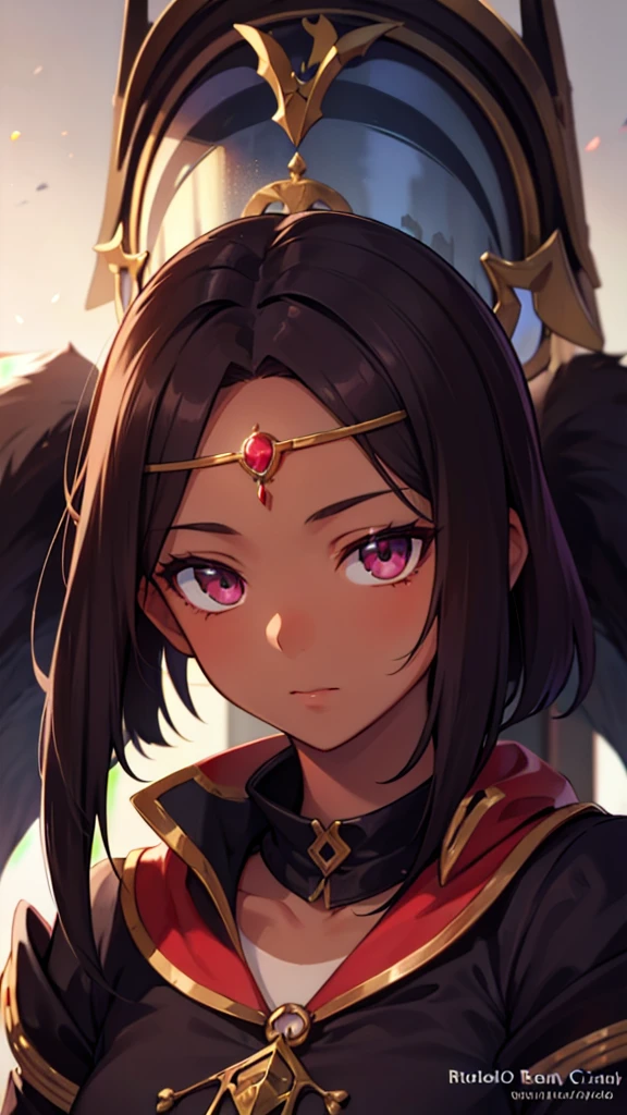 High fantasy bandit, beautiful 20 year old woman, human, dark tan skin, dark hair, dark eyes, high detail, portrait, ruby forehead circlet, fully clothed