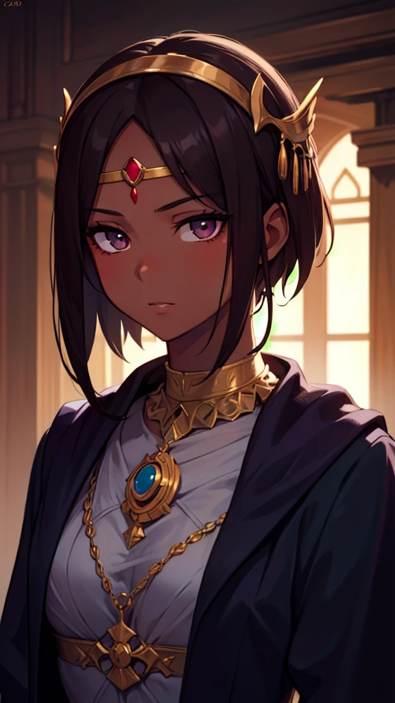 High fantasy bandit, beautiful 20 year old woman, human, dark tan skin, dark hair, dark eyes, high detail, portrait, ruby forehead circlet, fully clothed