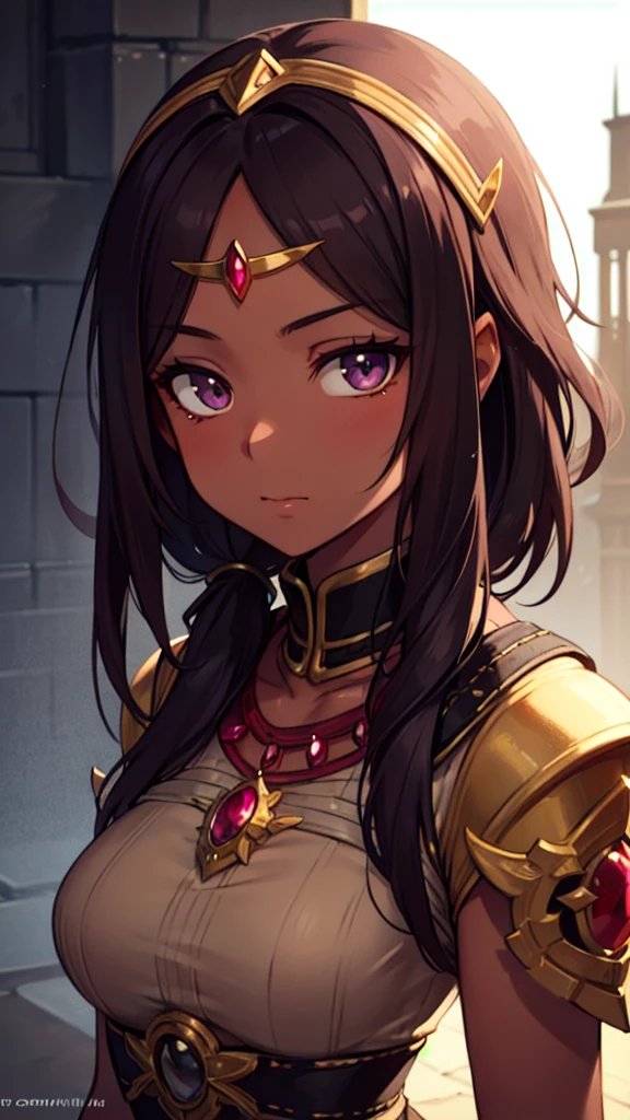 High fantasy bandit, beautiful 20 year old woman, human, dark tan skin, dark hair, dark eyes, high detail, portrait, ruby forehead circlet, fully clothed