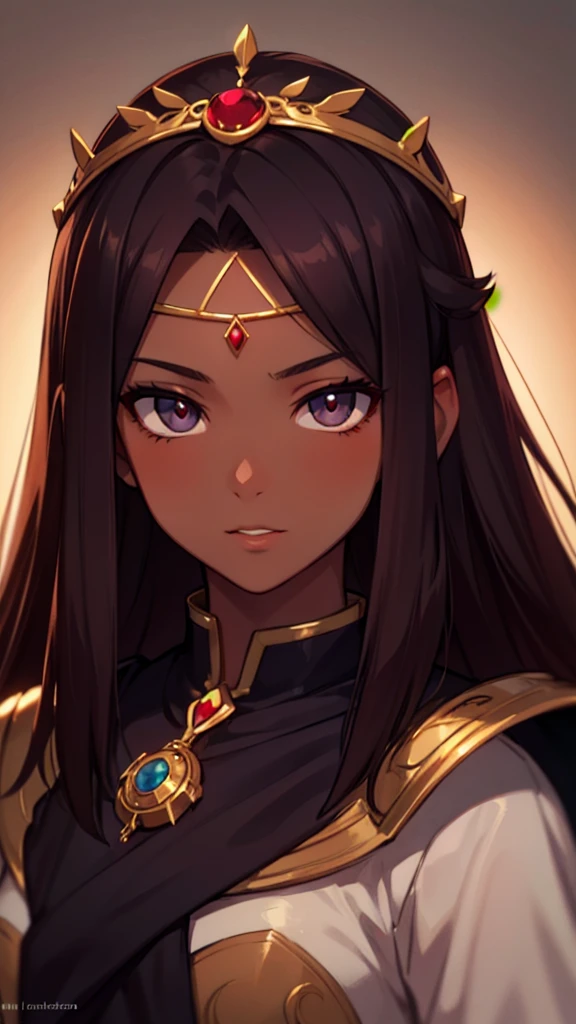 High fantasy bandit, beautiful 20 year old woman, human, dark tan skin, dark hair, dark eyes, high detail, portrait, ruby forehead circlet, fully clothed